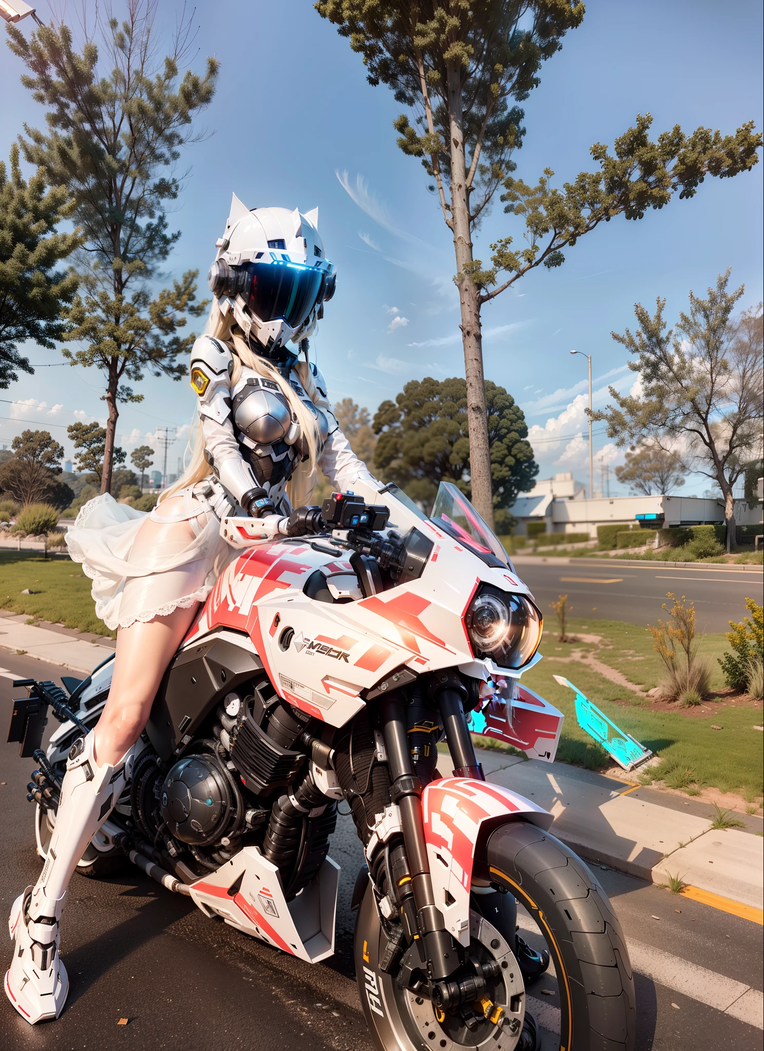 Cute cyberpunk female knight,Long flowing white hair,Black mech costume,Sophisticated white tech helmet,Nousr, Biomechanicals, MSHN Robot Woman,High-tech helmet,hyper realisitc, Steel, Complex design, insanely details, finely detailled, Extremely clear lines, cinmatic lighting, photograph realistic, A detailed masterpiece