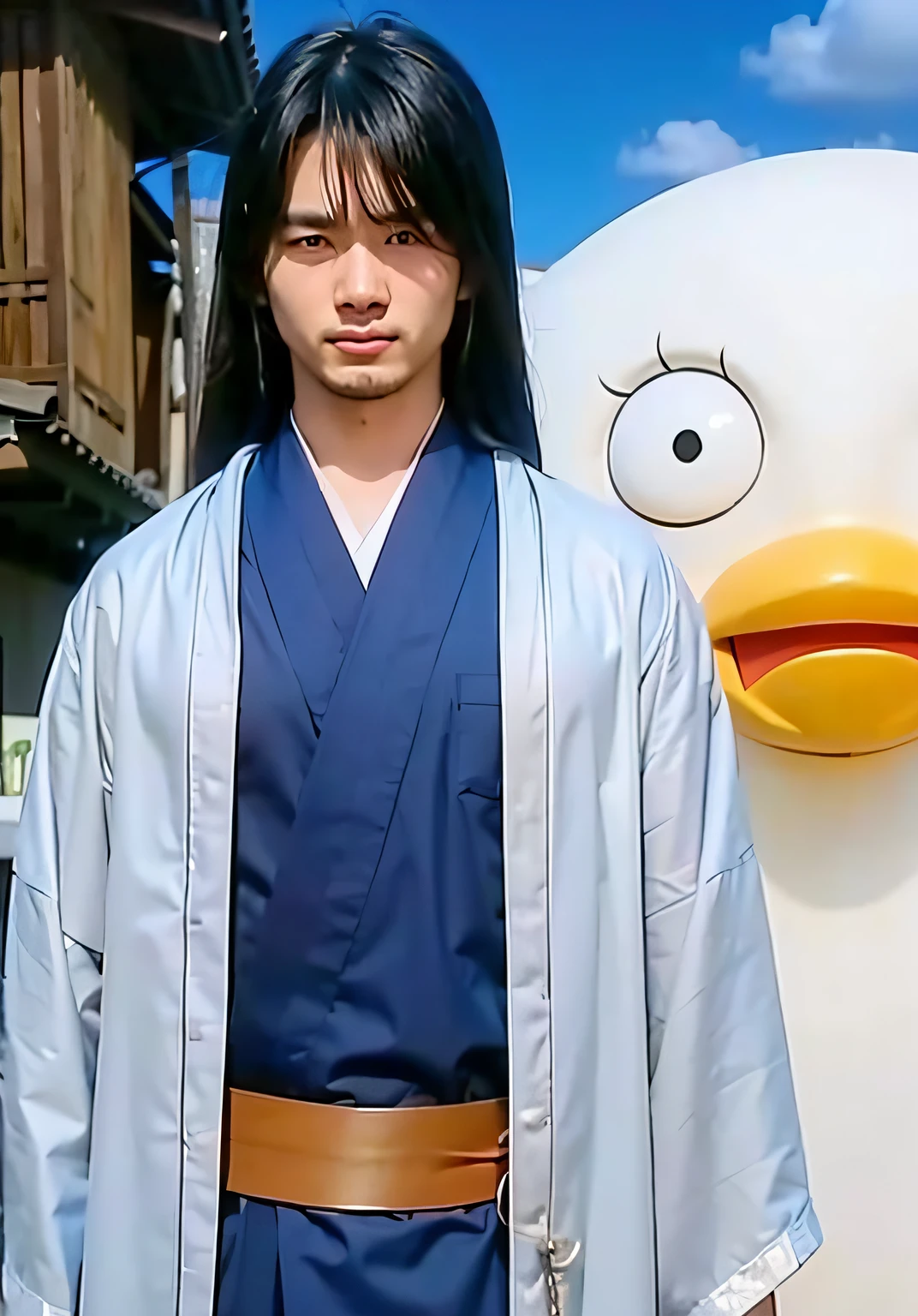 An asian man with black long hair and wearing a kimono with a bird mascot standing behind him, ultra realistic, high quality, detailed face