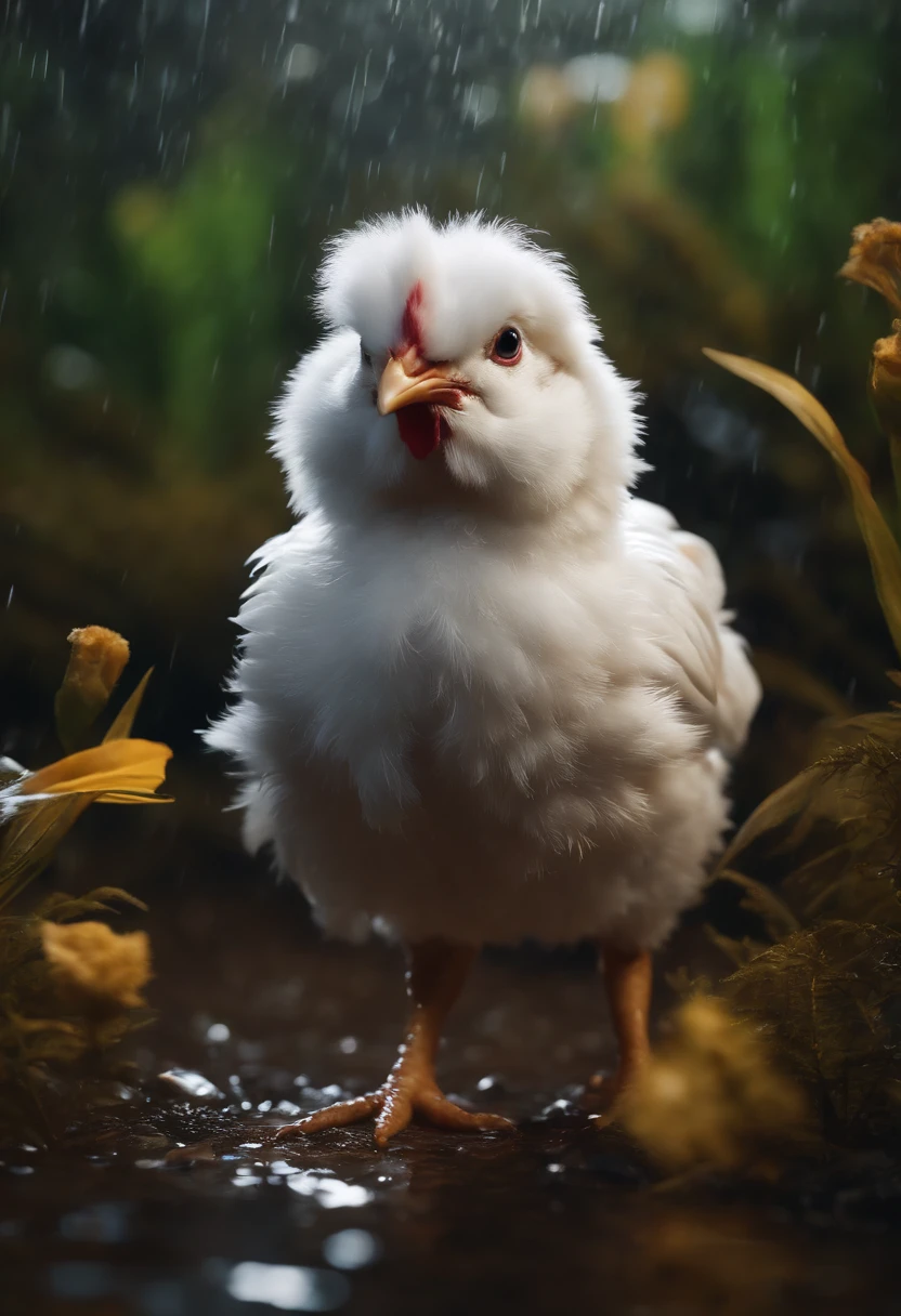 White chicken/rabbits, anthro rooster/the white rabbit，wet fur, heavy rain, on a riverbank, Brightly colored vegetation in the environment, Ultra detailed, Obras de arte intrincadas, 8K ultra-realistic cover photo，The colors are dazzling, Night lighting in the background, Intricate. Definition of blockbusters, Cinematic, A realistic masterpiece with 8K resolution: