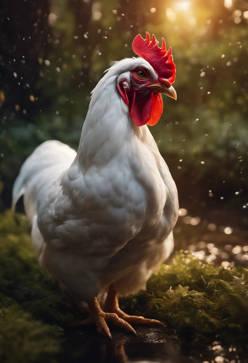 White chicken/rabbits, anthro rooster/the white rabbit，wet fur, heavy rain, on a riverbank, Brightly colored vegetation in the environment, Ultra detailed, Obras de arte intrincadas, 8K ultra-realistic cover photo，The colors are dazzling, Night lighting in the background, Intricate. Definition of blockbusters, Cinematic, A realistic masterpiece with 8K resolution: