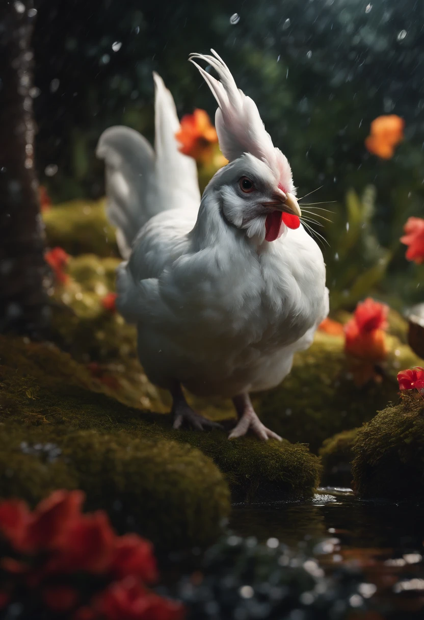 White chicken/rabbits, anthro rooster/the white rabbit,wet fur, heavy rain, on a riverbank, Brightly colored vegetation in the environment, Ultra detailed, Obras de arte intrincadas, 8K ultra-realistic cover photo,The colors are dazzling, Night lighting in the background, Intricate. Definition of blockbusters, Cinematic, A realistic masterpiece with 8K resolution: