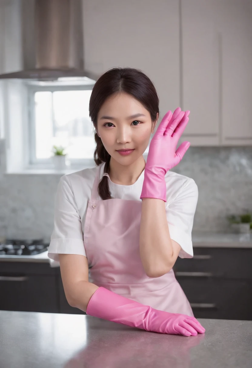 Meilin from Advanced Metal Gear Research Institute. Highly realistic. rubber glove、Pink rubber gloves、Pink cooking gloves、Long gloves、Glossy gloves、Glossy apron