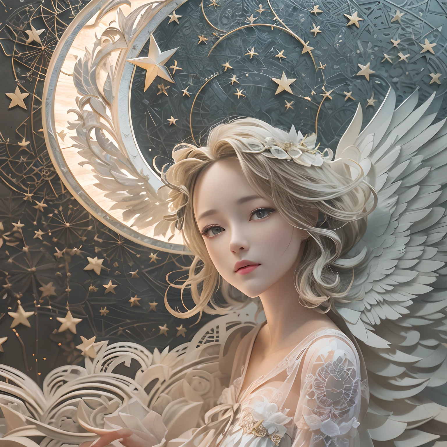 Illustration: 1.3), paper art, 3D rendering of a, Starry moon background, (Beautiful side faces，closing eye: 1.3), (Masterpiece Angel 1.2) , Colorful, Best Quality, Detailed details, masutepiece, offcial art, Movie Light Effects, 4K, Chiaroscuro , The Flash