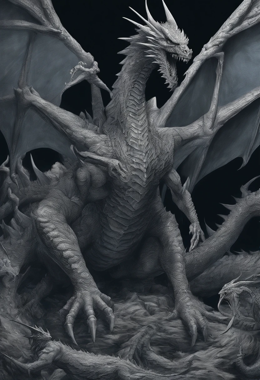A close-up of a dragon，Wings spread out on blue background, king ghidorah, giant kaiju dragon monster, Tiamat, great mystical winged serpent, Eight-headed snake, pteranadon styling, hyper detailed photo, With wings. Ultra-detailed, Hiryu, ultra mega detailed, 1/320, hyper detailed masterpiece