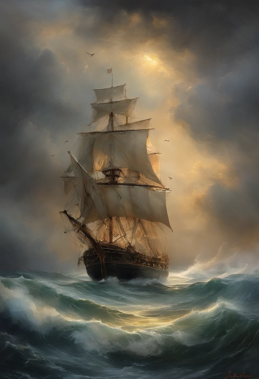 Romanticism, perspective, UHD, masterpiece, best quality,It's a vast ocean,(((dark stormy clouds))),There is a storm going on here,((Rain cats and dogs)),The monstrous waves rose one after the other,From time to time, a bolt of lightning strikes between heaven and earth,In this unforgiving sea,(((There is a stubborn sailing ship))),The Great Waves will swallow it up at any moment,But it is undaunted,Still driving in the storm,Sunlight shines through the clouds and shoots several beams,It seems to hint at the arrival of a miracle