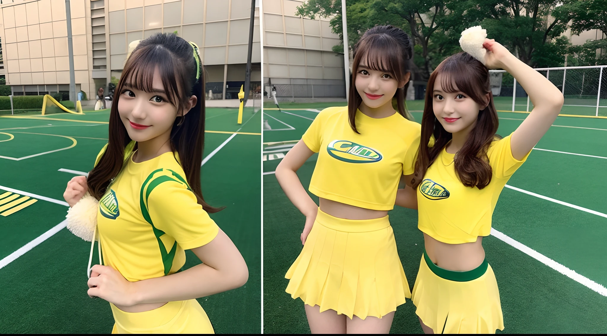 18-year-old cheergirl in yellow-green miniskirt