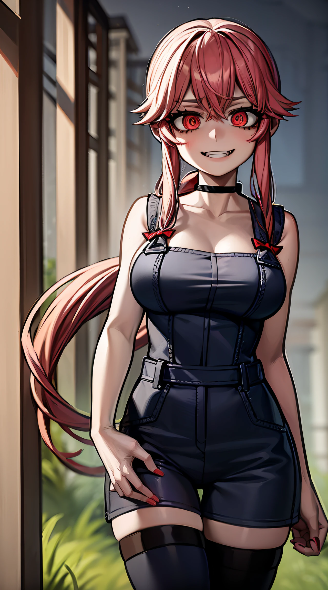explicit, beautiful, amazing, high quality, detailed background, a woman with large breast in a woods, 1girl, breasts , , , pink hair, large breasts, twintails, long hair, solo focus, mirai nikki, black choker, dark grey overalls, leather gloves, black boots, ((face mask)), red eyes, chasing you through the woods, ((nigth)), crazy, ((crazy eyes)), ((crazy stare)) holding a bloody knife, (fanart of Gasai Yuno), (angry eyes:1.1), (perfect hands:1.4), (masterpiece), best quality, expressive eyes, VHS, ((nigth)), (Parfect Hand:1.3), 4k, 8k, 1980s, from below, (standing over you), wearing a jacket, (Blood:1.1), ((murderer))