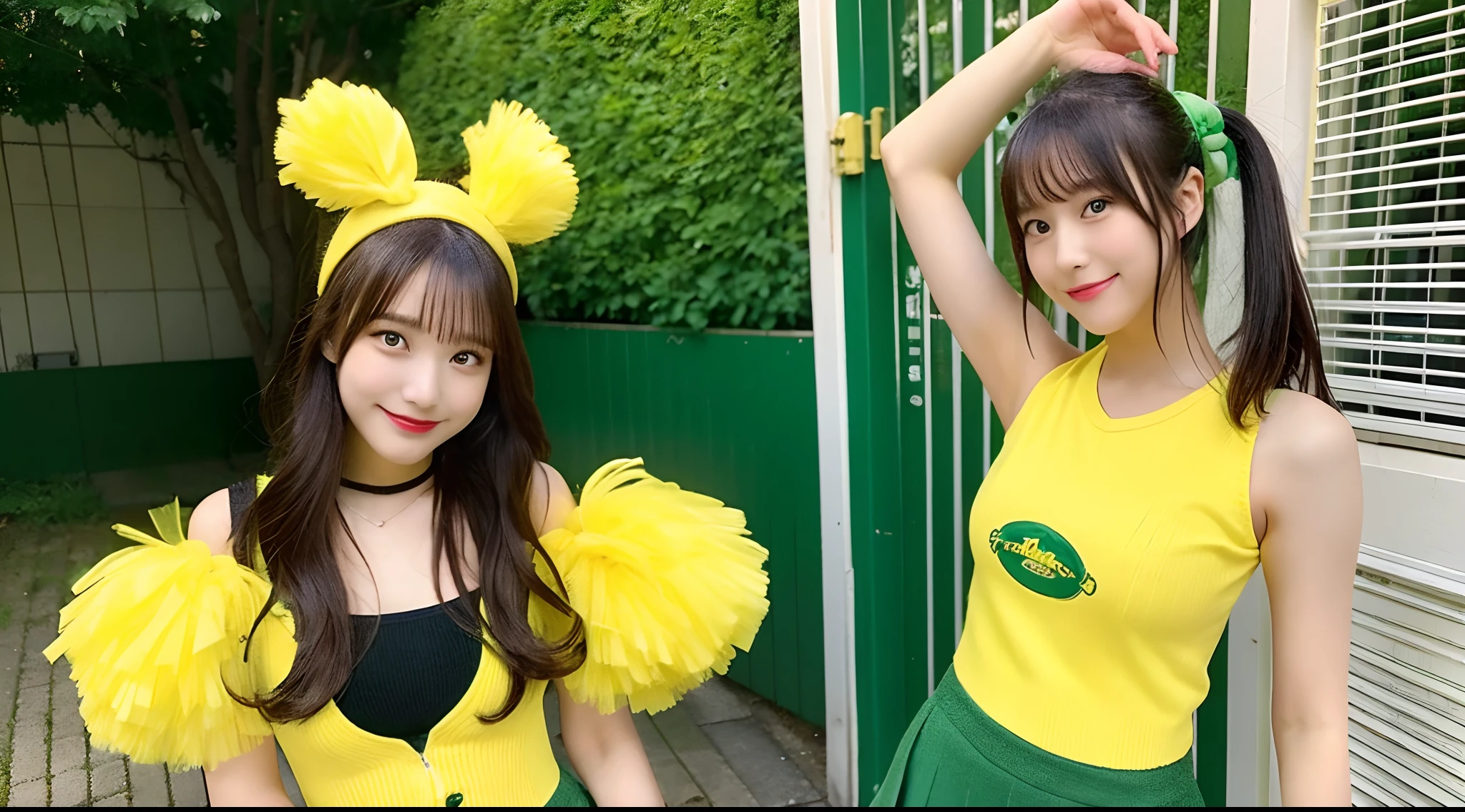 18-year-old cheergirl in yellow-green miniskirt