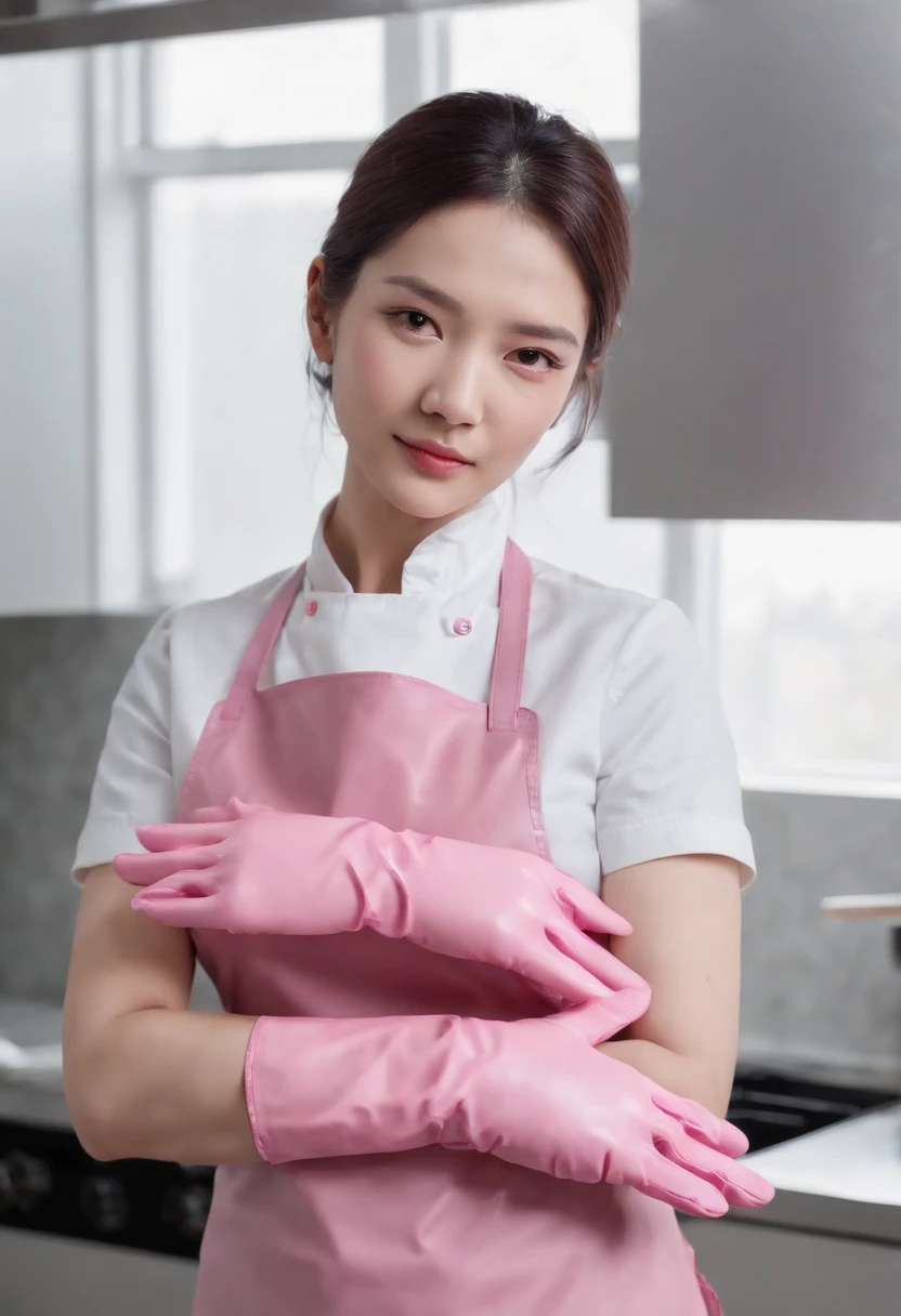 Meilin from Advanced Metal Gear Research Institute. Highly realistic. rubber glove、Pink rubber gloves、Pink cooking gloves、Long gloves、Glossy gloves、Glossy apron