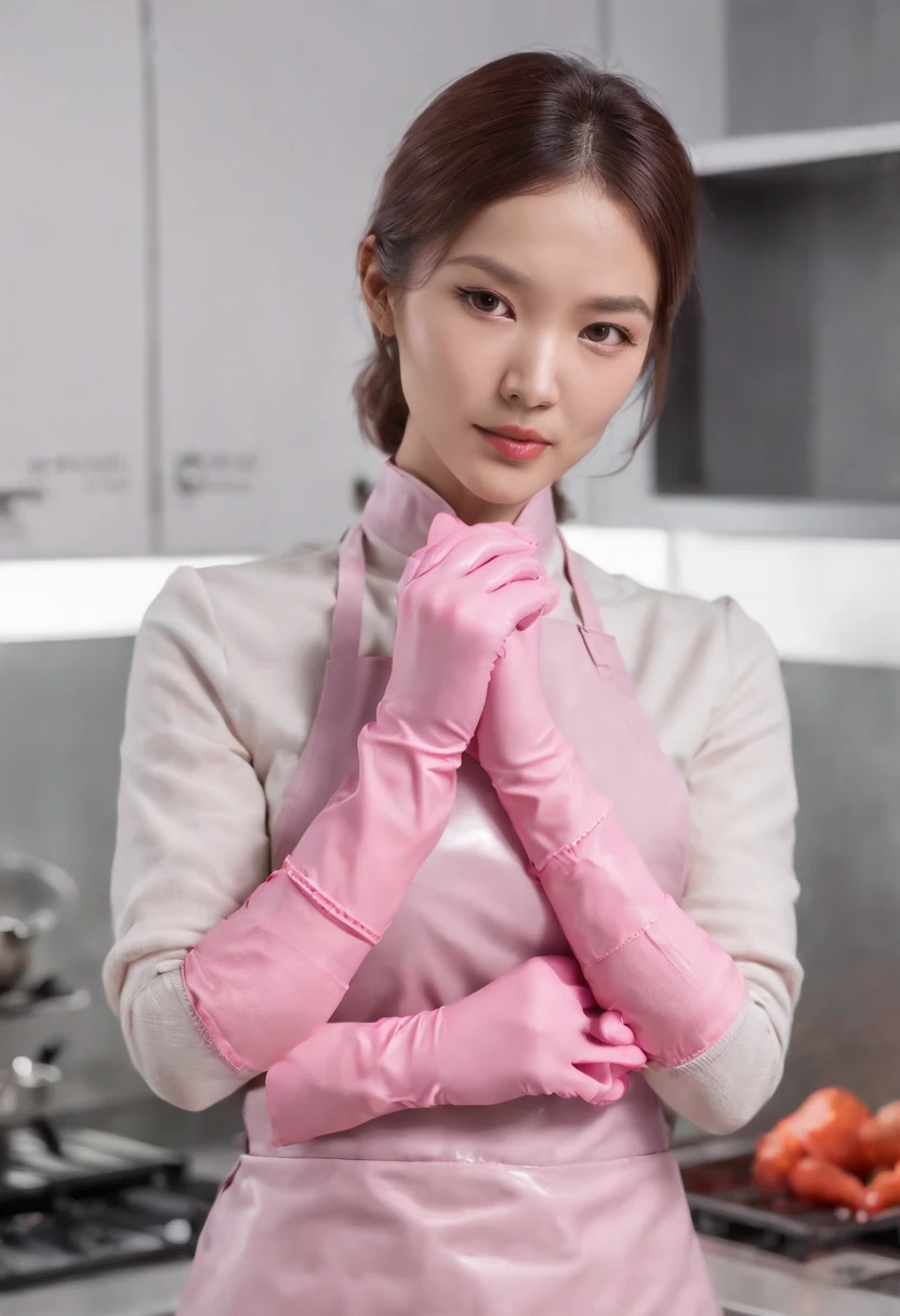 Meilin from Advanced Metal Gear Research Institute. Highly realistic. rubber glove、Pink rubber gloves、Pink cooking gloves、Long gloves、Glossy gloves、Glossy apron