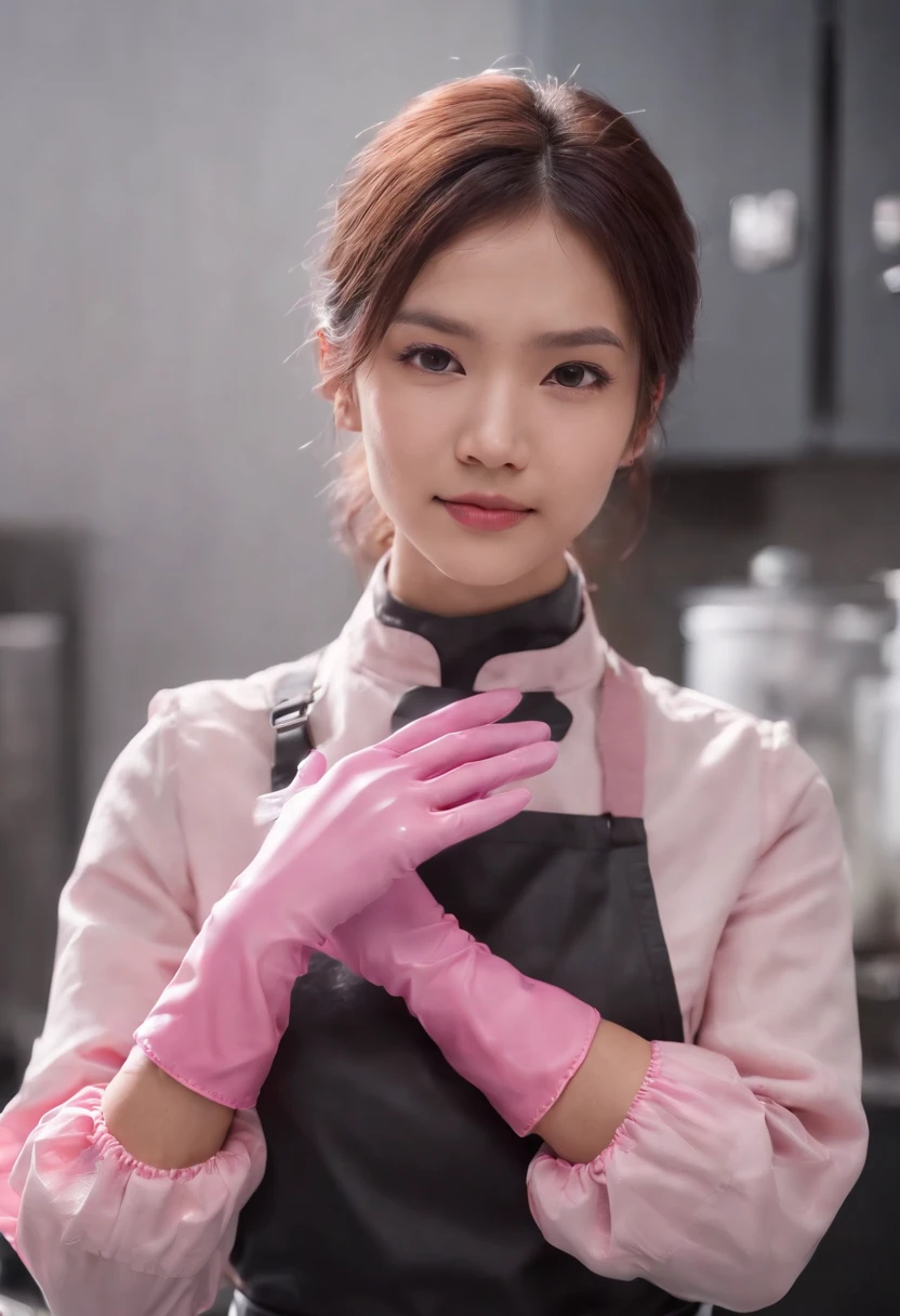 Meilin from Advanced Metal Gear Research Institute. Highly realistic. rubber glove、Pink rubber gloves、Pink cooking gloves、Long gloves、Glossy gloves、Glossy apron