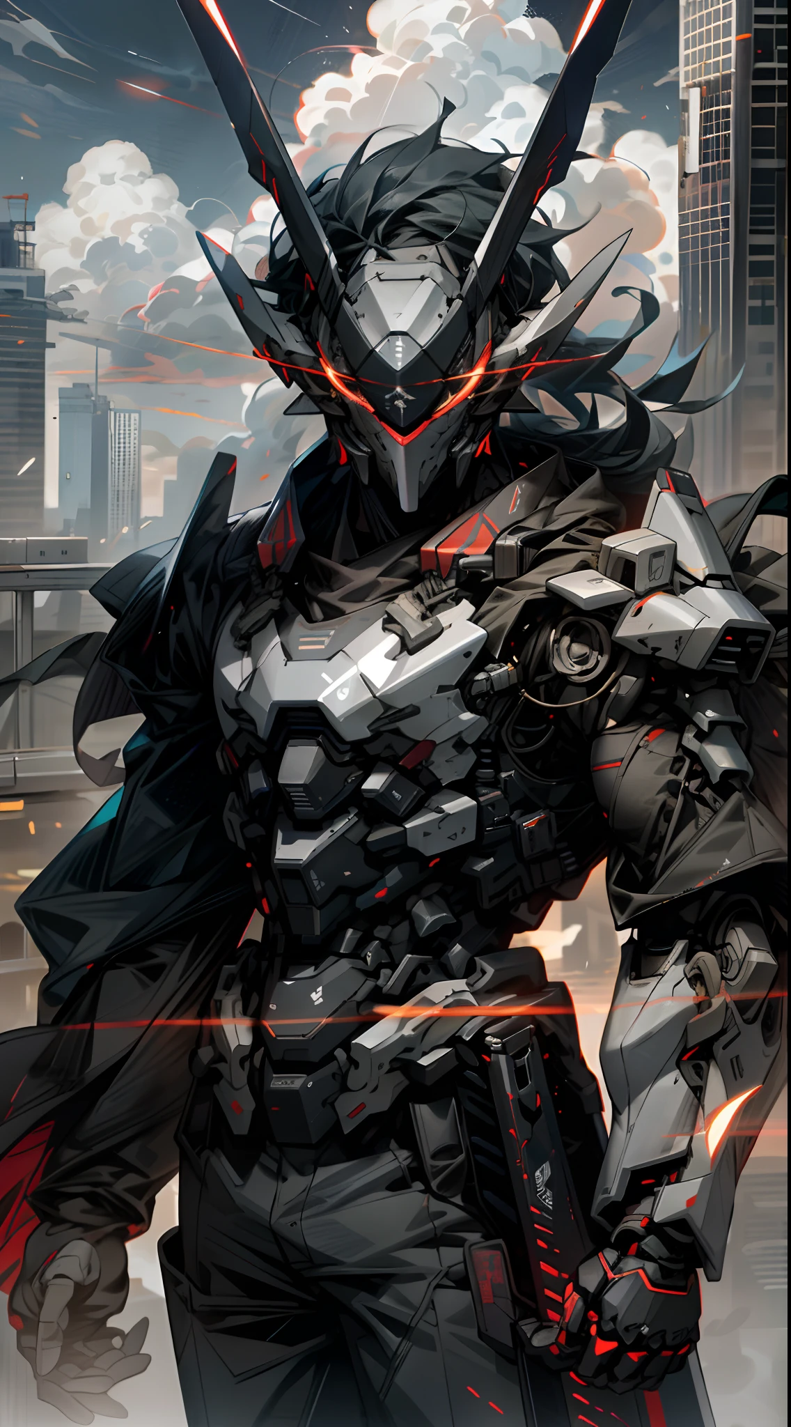 Skyscraper night sky, Cloud, Holding_arma, No_Humanity, Glow, Ninja robot, architecture, Science fiction, urban, Reality Upper body straight forward Glowing body Glowing red eyes holding a sword(Tachi weapons) a broad shouldered --v6