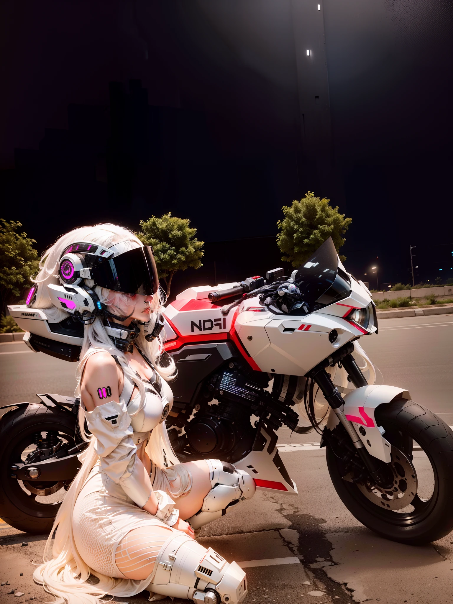Cute cyberpunk female knight,Long flowing white hair,Black mech costume,Sophisticated white tech helmet,Nousr, Biomechanicals, MSHN Robot Woman,High-tech helmet,hyper realisitc, Steel, Complex design, insanely details, finely detailled, Extremely clear lines, cinmatic lighting, photograph realistic, A detailed masterpiece