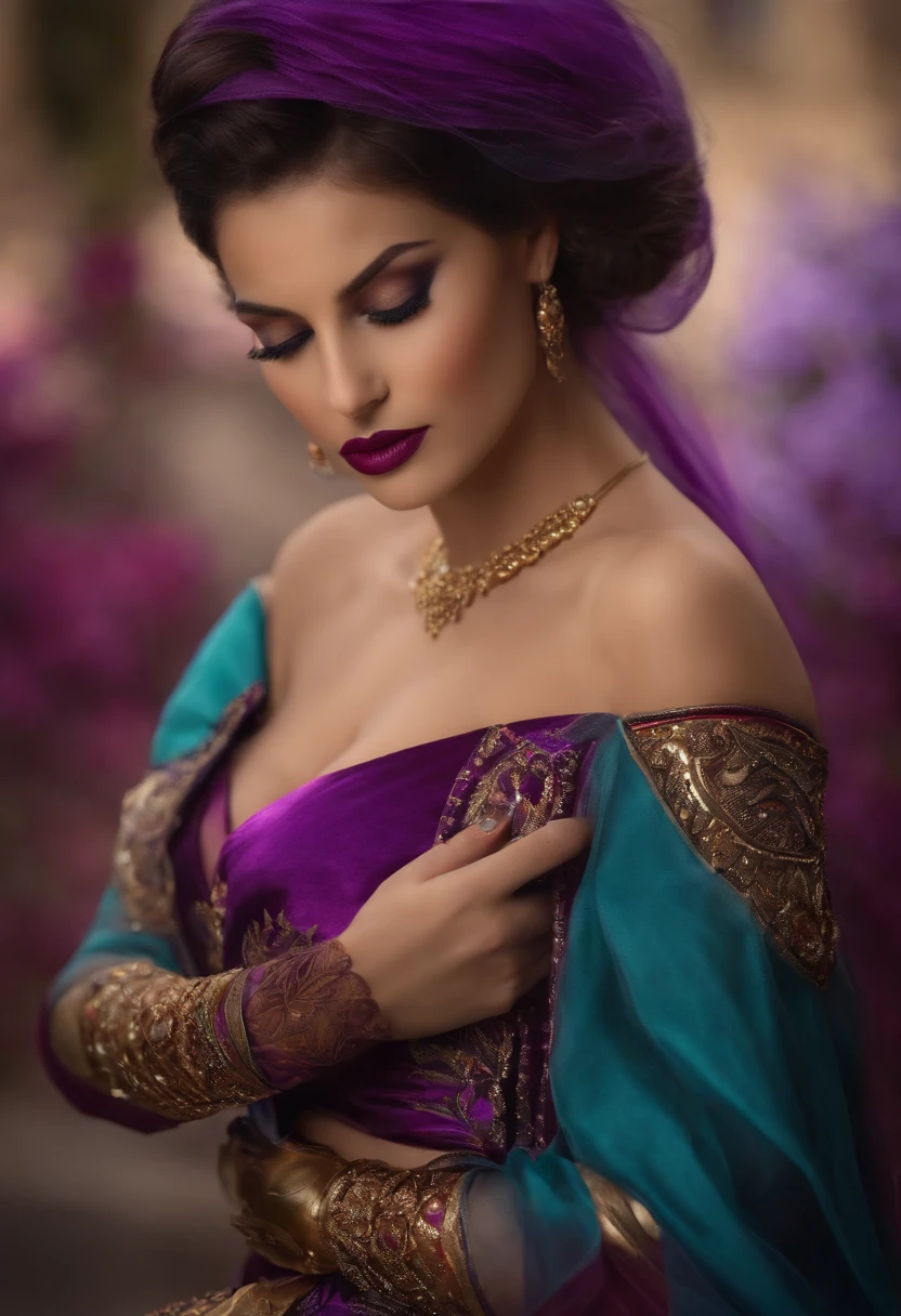 Chica bonita realista, con armadura con falda violeta, touching your vagina and breasts