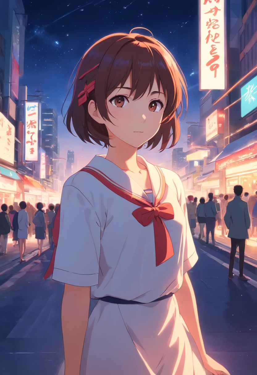 tmasterpiece,best qualtiy,cinematic Film still from,solo,1girl,Fine face,Fine hair,finely quality eyes,white dresses,Red ribbon,Cross your hands over your chest,(night sky background:0.7)
