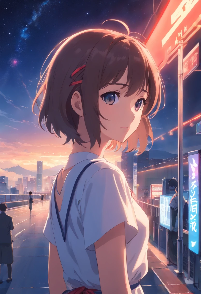 tmasterpiece,best qualtiy,cinematic Film still from,solo,1girl,Fine face,Fine hair,finely quality eyes,white dresses,Red ribbon,Cross your hands over your chest,(night sky background:0.7)