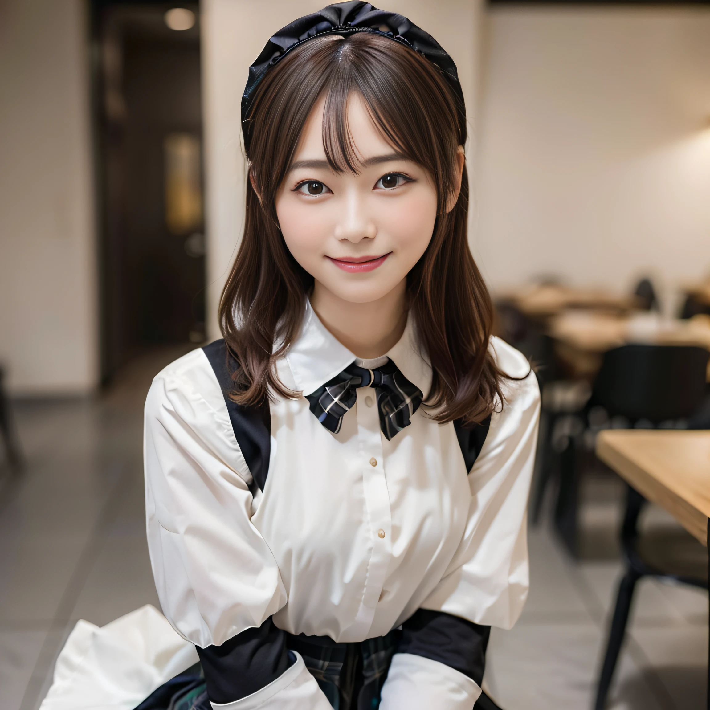 in 8K,Best Quality:1.4, 超A high resolution:1.5, (Photorealistic:1.4),masterpiece:1.2,(top-quality:1.4)、 Raw photo、 (the background is blurred), 1日本人の女の子, Cute, (Solo:1.4), (Shy smile), Smooth skin、 (Brown medium hair,Bangs), (touch hair:1.4),nogizaka,Supple fingertips,Beautiful black eyes、dual、natural skin textures:1.3, realistic eyes and face details:1.7、middlebreasts、during daytime、Gravure Pose:1.1、Toned buttocks:1.5、Hands behind the head、gazing at viewer,Photographer is looking behind his back.5Take a step back,Smile,Delighted, Cheerful,(maid:1.2),Bow,Long sleeves, Black sleeves,(Long tights with black plaid:1.2),Maid headdress,maid apronl,cafeteria,Upper body,(detailed hairs:1.1), (Detailed eyes:1.1)