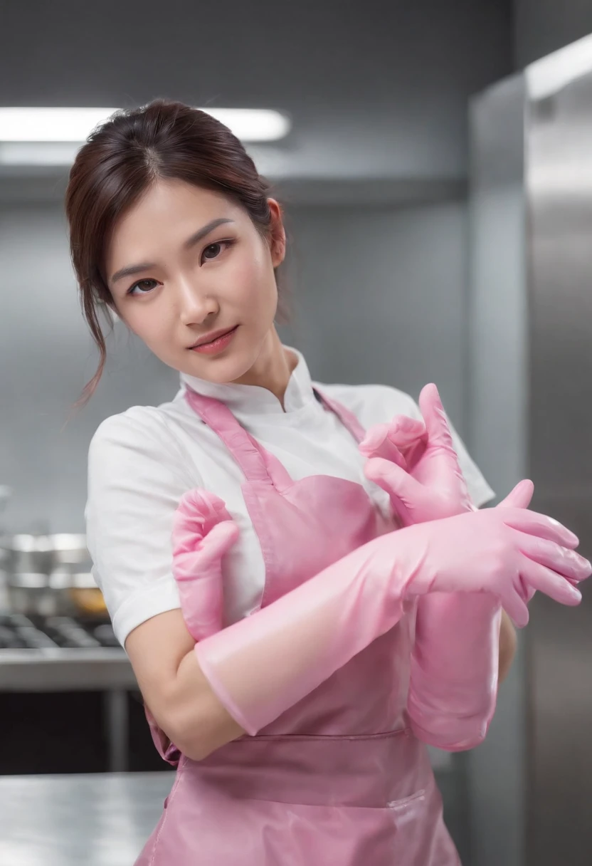 Meilin from Advanced Metal Gear Research Institute. Highly realistic. rubber glove、Pink rubber gloves、Pink cooking gloves、Long gloves、Glossy gloves、Glossy apron、Gripping the
