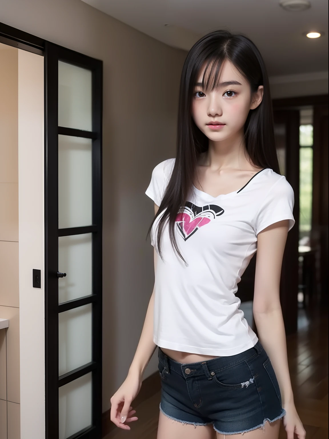 Sit up，年轻，white short pants，Long T-shirt，teens girl，Delicate body，petite body，Delicate body，small tits，tiny chest，A dark-haired，Very Longhair，dollhouse