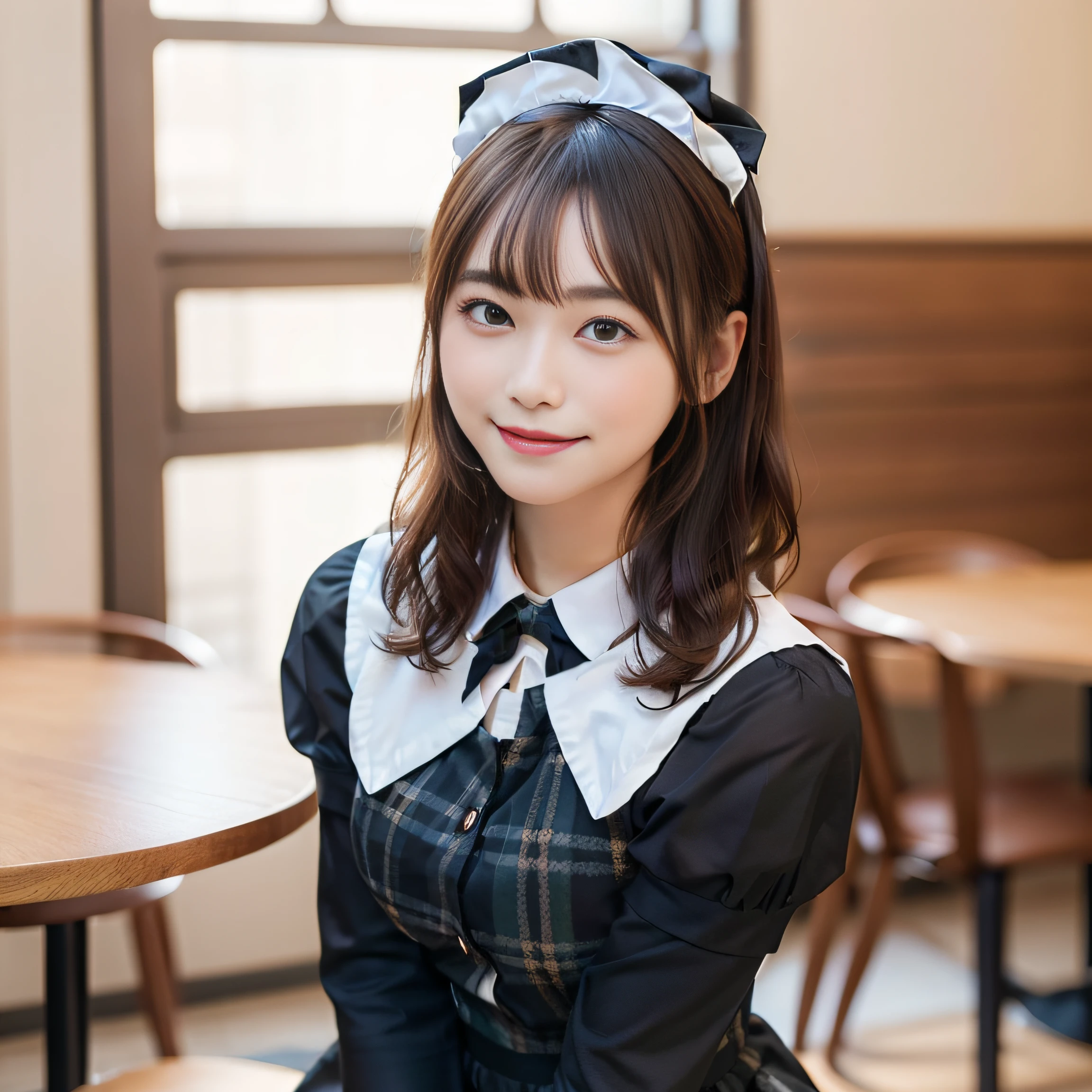 in 8K,Best Quality:1.4, 超A high resolution:1.5, (Photorealistic:1.4),​masterpiece:1.2,(top-quality:1.4)、 Raw photo、 (the background is blurred),  1日本人の女の子, Cute, (Solo:1.4), (Shy smile), Smooth skin、 (Brown medium hair,Bangs), (touch hair:1.4),nogizaka,Supple fingertips,Beautiful black eyes、dual、natural skin textures:1.3, realistic eyes and face details:1.7、middlebreasts、during daytime、Gravure Pose：1.1、Toned buttocks:1.5、Hands behind the head、gazing at viewer,Photographer is looking behind his back.５Take a step back,Smile,Delighted, Cheerful,(maid:1.2),Bow,Long sleeves, Black sleeves,(Long tights with black plaid:1.2),Maid headdress,maid apronl,cafeteria,Upper body,(detailed hairs:1.1), (Detailed eyes:1.1)