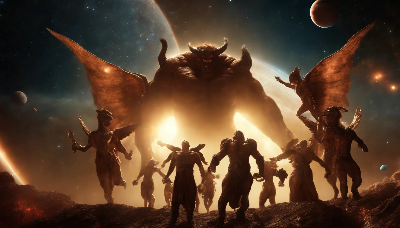 epic scene, stairway from heaven to hell, (Giant demon and angels fighting in the sky: 1.5), (extremely detailed scene:1.4), bloody combat, (solar system universe sky background:1.7)