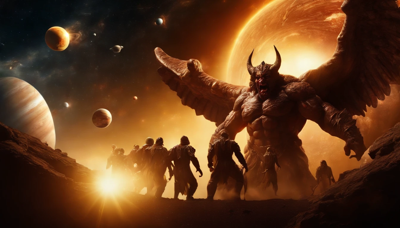 epic scene, stairway from heaven to hell, (Giant demon and angels fighting in the sky: 1.5), (extremely detailed scene:1.4), bloody combat, (solar system universe sky background:1.7)