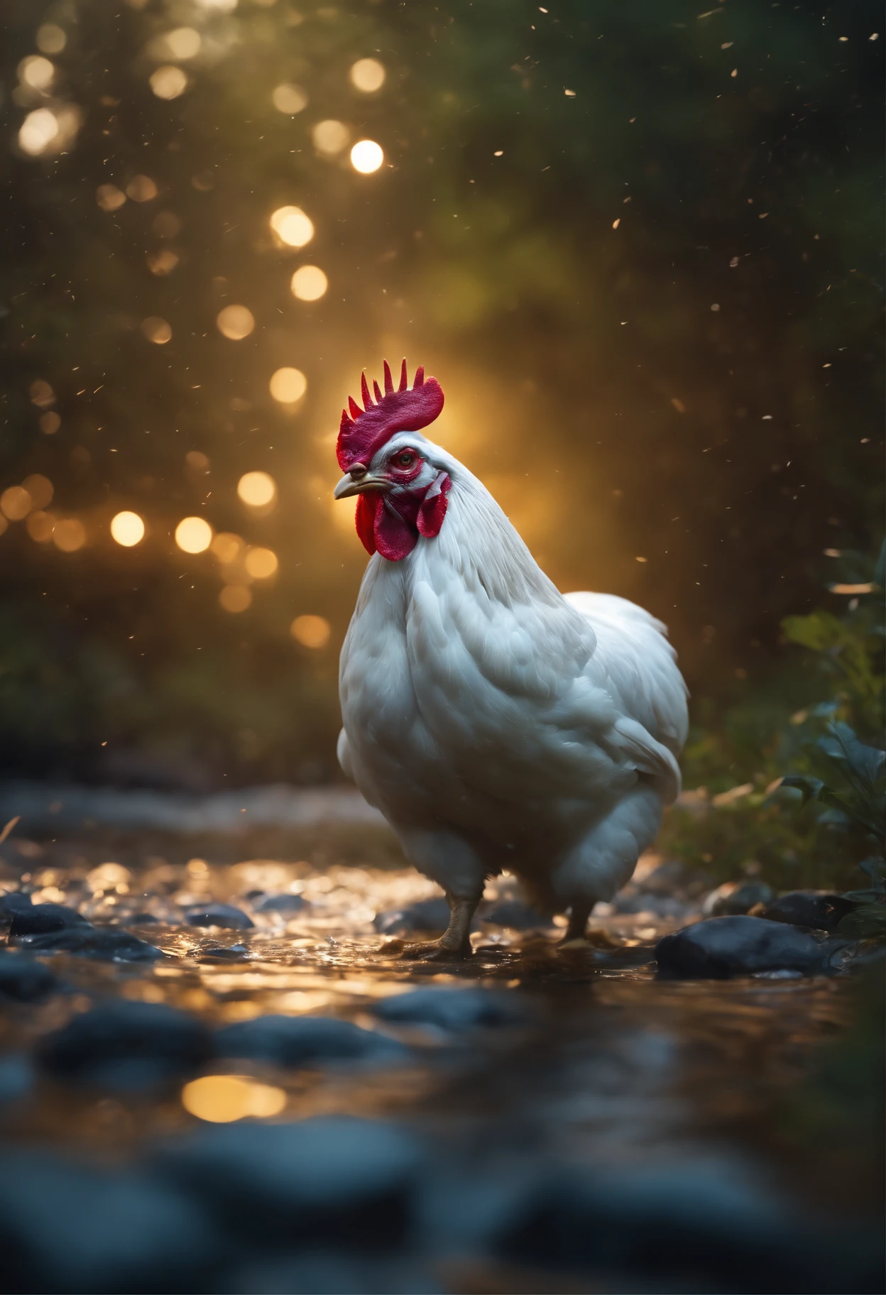 White chicken/rabbits, anthro rooster/the white rabbit,wet fur, heavy rain, on a riverbank, Brightly colored vegetation in the environment, Ultra detailed, Obras de arte intrincadas, 8K ultra-realistic cover photo,The colors are dazzling, Night lighting in the background, Intricate. Definition of blockbusters, Cinematic, A realistic masterpiece with 8K resolution: