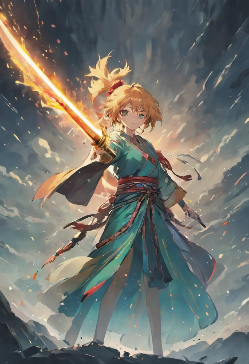 (Best quality,A high resolution,Masterpiece:1.2),Ultra-detailed,Realistic:3.5,Colorful masterpieces,keqing,Sword in hand,Stand by the mountain peak,ink wash style,Fantasy martial arts,clouds around,Ancient style