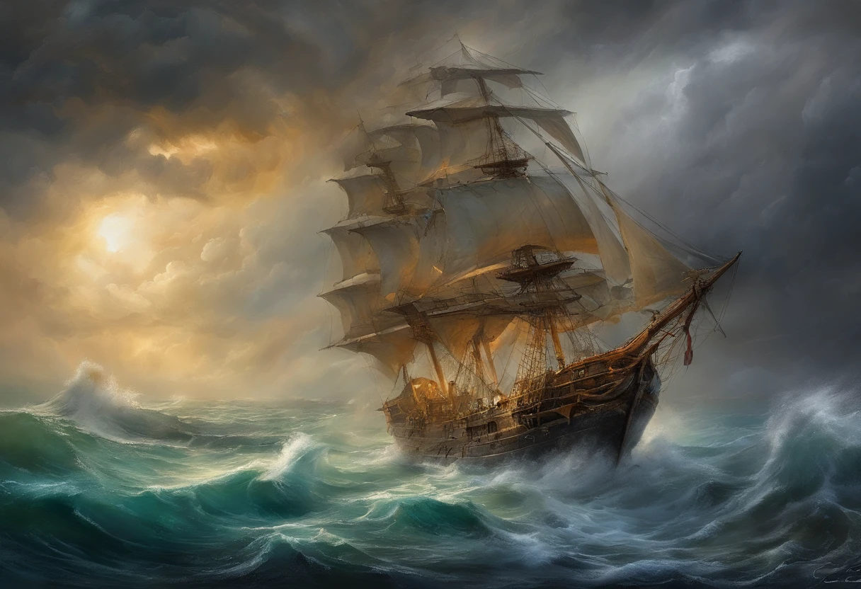 Romanticism, perspective, UHD, masterpiece, best quality,It's a vast ocean,(((dark stormy clouds))),There is a storm going on here,((Rain cats and dogs)),The monstrous waves rose one after the other,From time to time, a bolt of lightning strikes between heaven and earth,In this unforgiving sea,(((There is a stubborn sailing ship))),The Great Waves will swallow it up at any moment,But it is undaunted,Still driving in the storm,Sunlight shines through the clouds and shoots several beams,It seems to hint at the arrival of a miracle