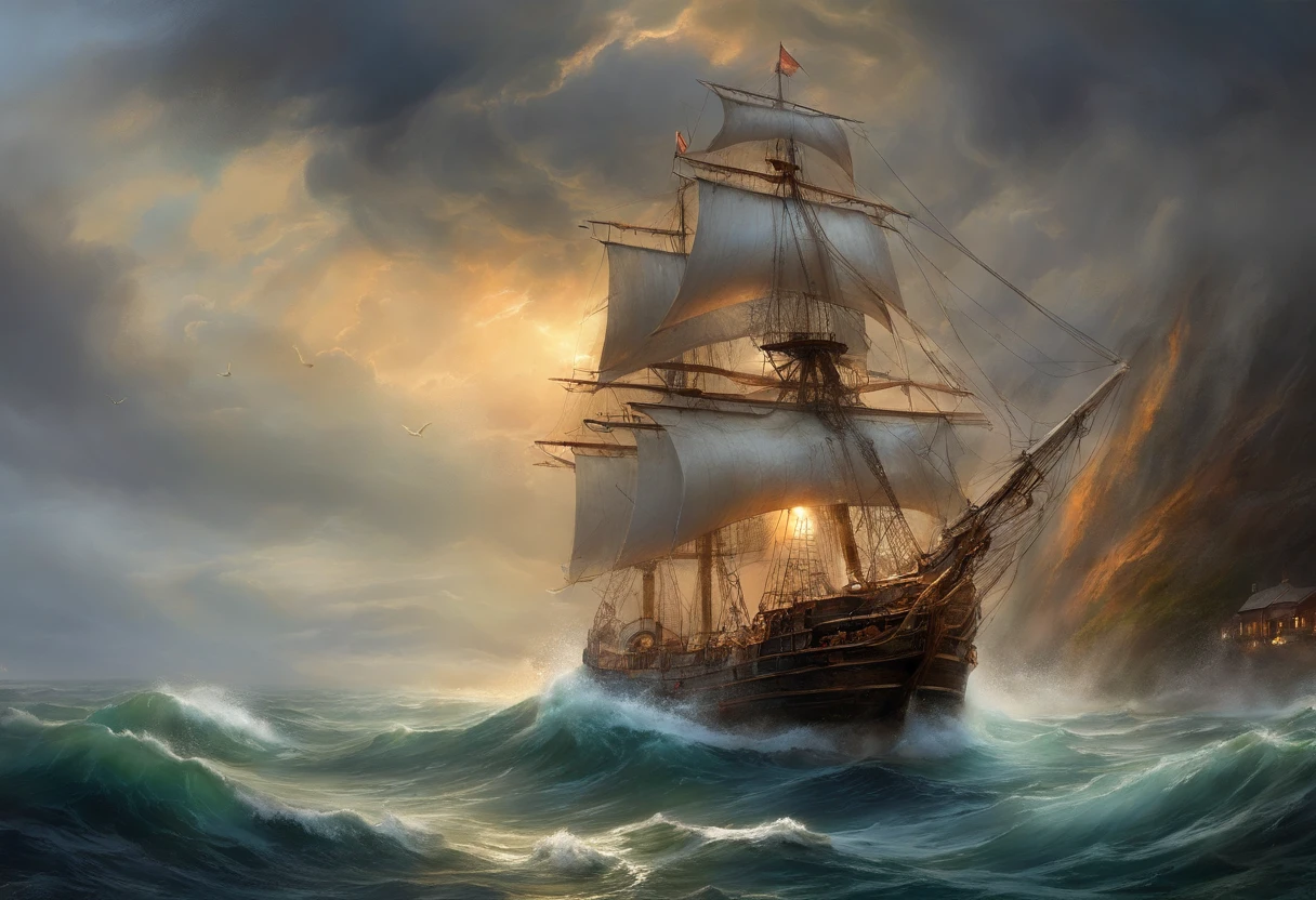 Romanticism, perspective, UHD, masterpiece, best quality,It's a vast ocean,(((dark stormy clouds))),There is a storm going on here,((Rain cats and dogs)),The monstrous waves rose one after the other,From time to time, a bolt of lightning strikes between heaven and earth,In this unforgiving sea,(((There is a stubborn sailing ship))),The Great Waves will swallow it up at any moment,But it is undaunted,Still driving in the storm,Sunlight shines through the clouds and shoots several beams,It seems to hint at the arrival of a miracle