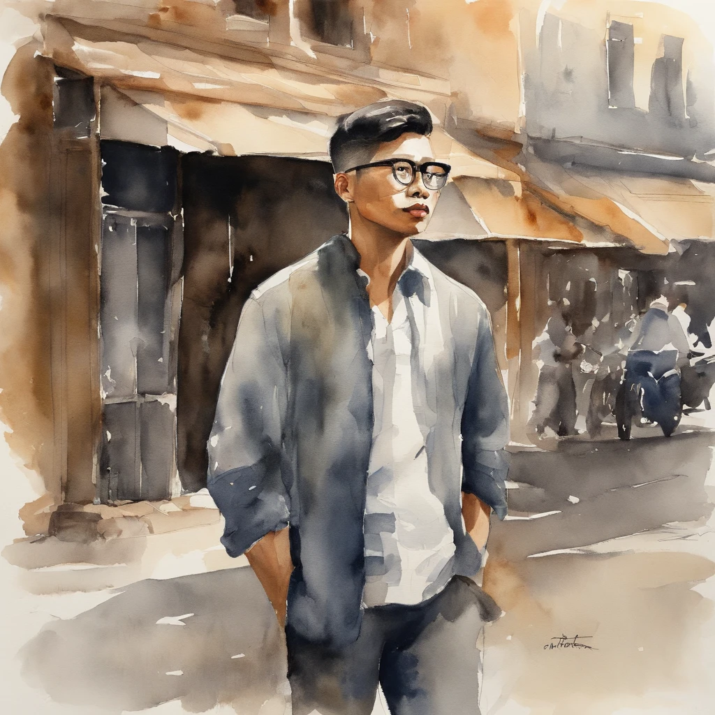 A 22-year-old Asian man stands and looks at the wind of the store. He is dressed in the clothes of war. darkest, Almost black short hair and square glasses are conspicuous.