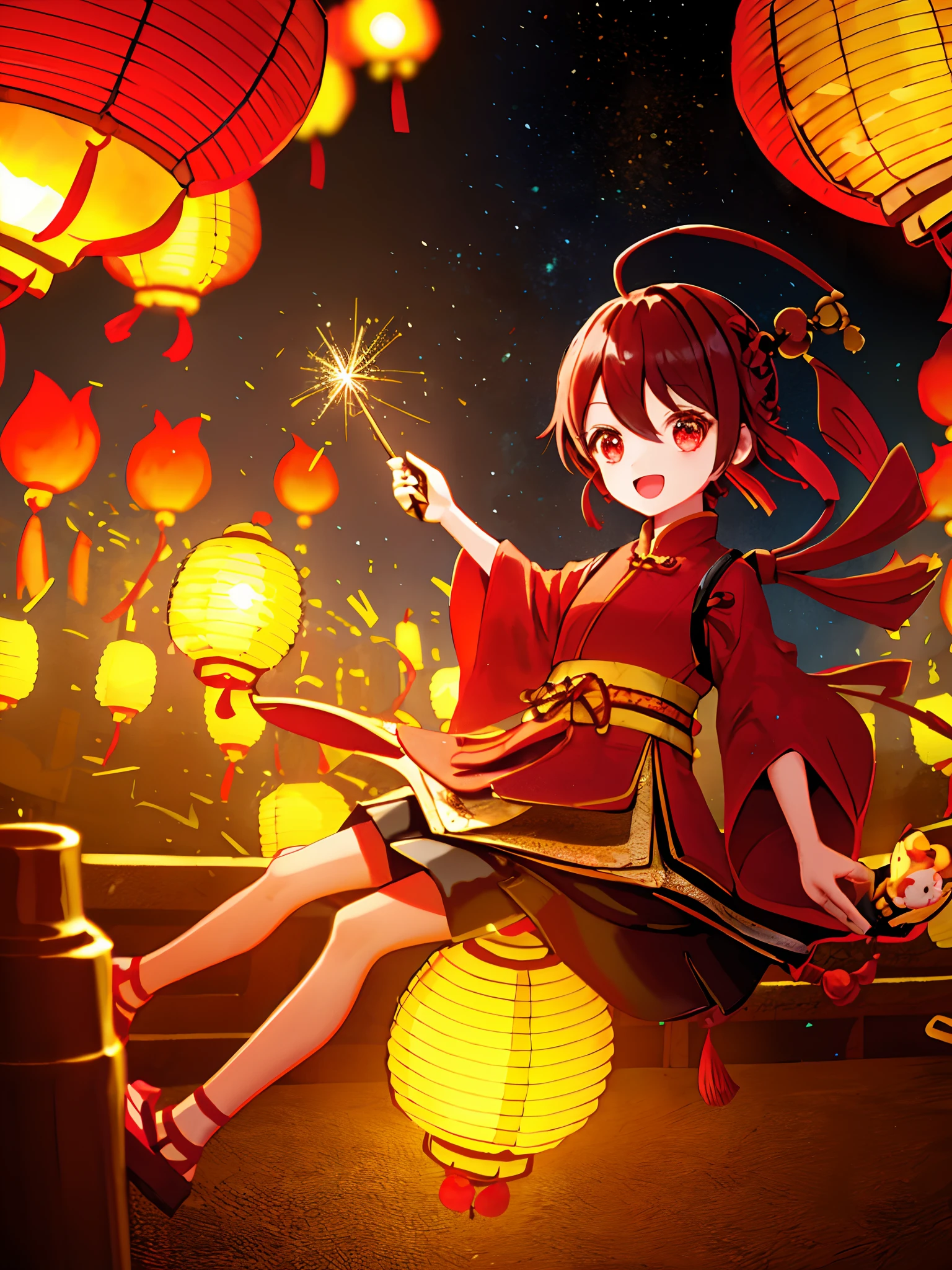 1little girl,Ancient wind,Chinese Ancient Architecture,Kongming Lantern,depth of fields,fire works,sparkler,bazaars,laughingly,looks into camera,brightly