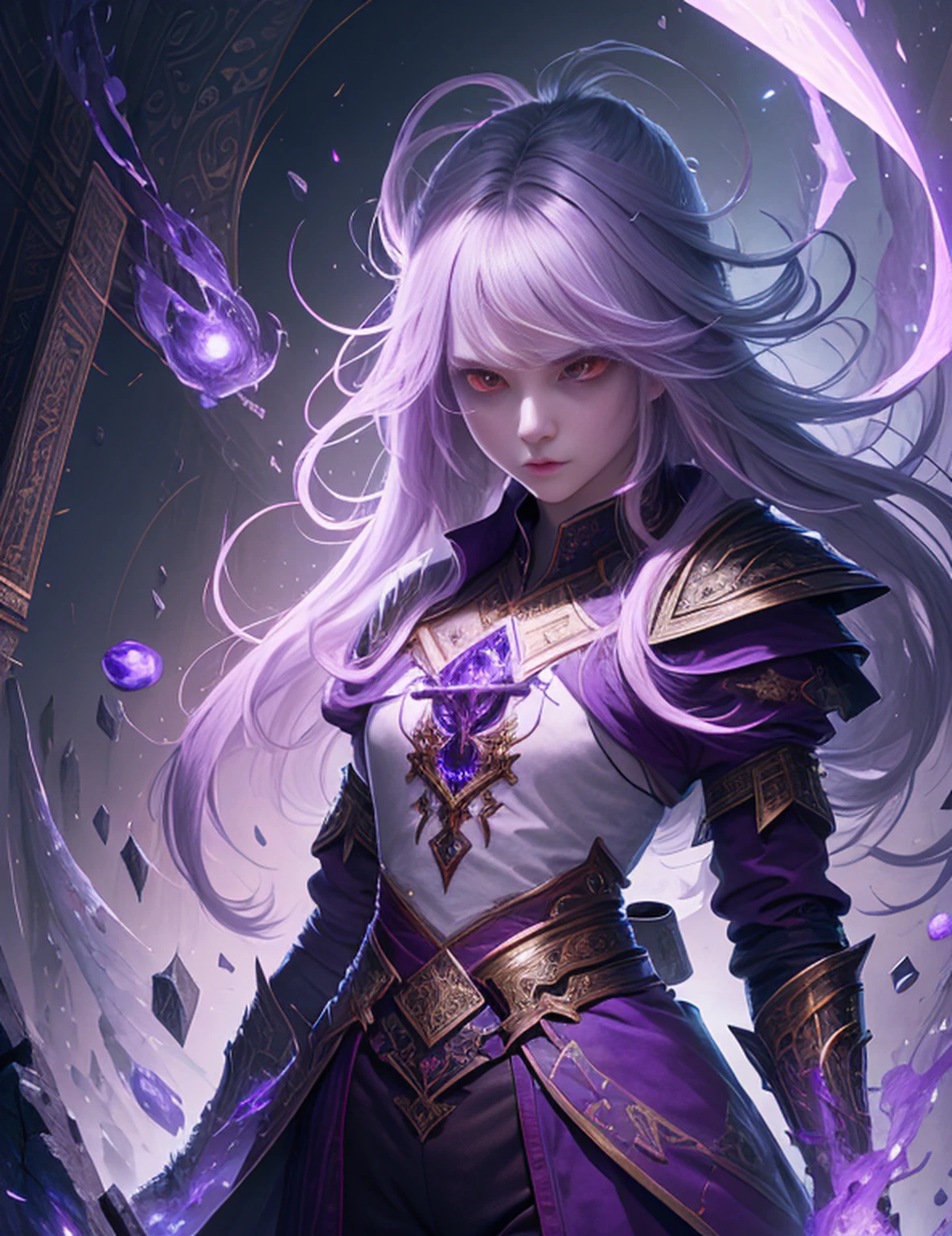 (masterpiece, top quality, best quality, official art, beautiful and aesthetic:1.2), cute angry girl, detailed face, ((red eyes)), small chest, long white hair, full body, violet blouse and pants, luminous effects, highest detailed, floating particles, ancient runes, geometric patterns, realistic, V0id3nergy , mana, shadows, epic atmosphere
