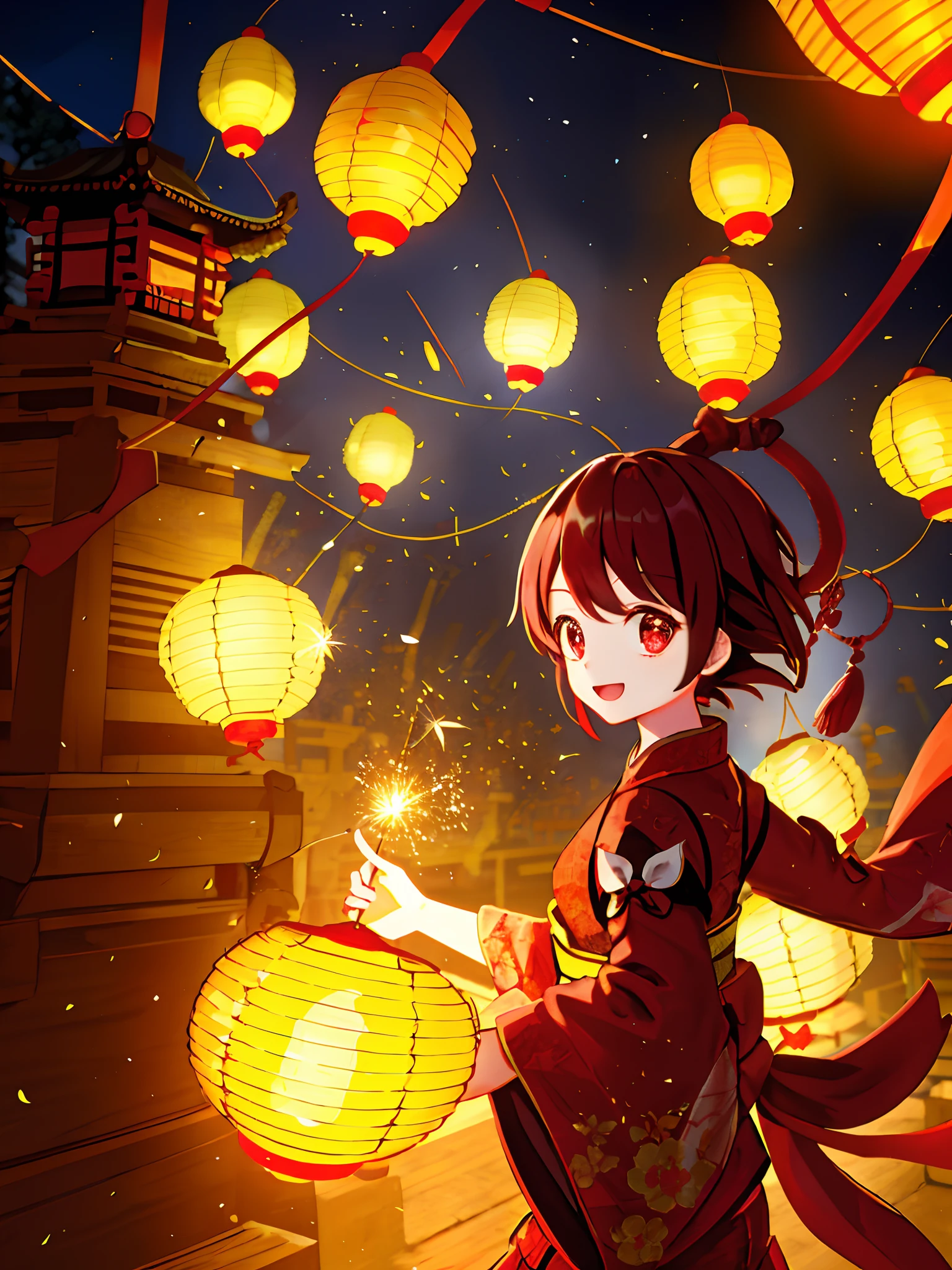 1little girl,Ancient wind,Chinese Ancient Architecture,Kongming Lantern,depth of fields,fire works,sparkler,bazaars,laughingly,looks into camera,brightly