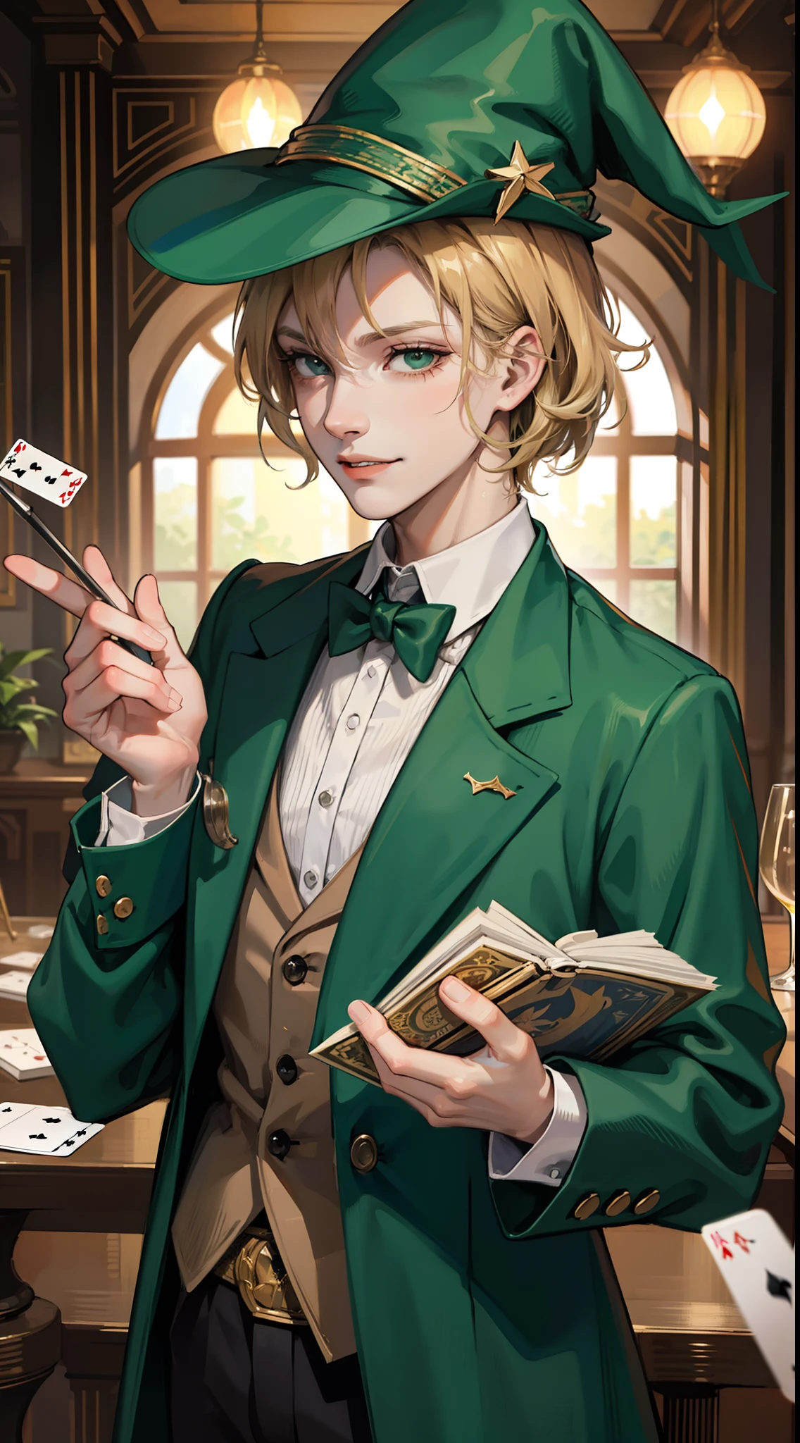 young boy, short curly blonde hair, Green eyes, smirk, evil, wizard hat, Magician's jacket, Magician Form, cane, playing cards, a joker, Masterpiece, hiquality, 4k, HD, Good detail