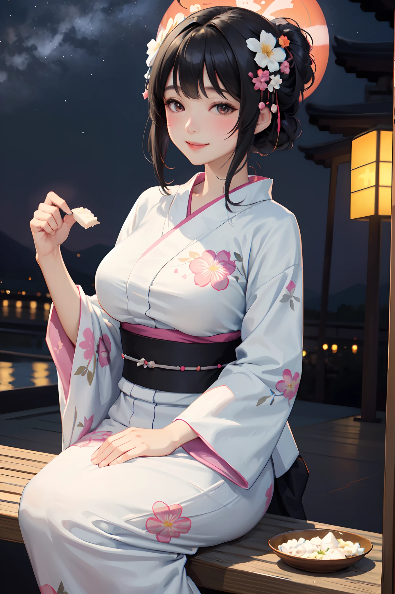 1lady solo standing, mature female, floral yukata, /(black hair/) bangs, blush kind smile, (masterpiece best quality:1.2) delicate illustration ultra-detailed, large breasts, /(summer festival food stools/) /(night sky/)