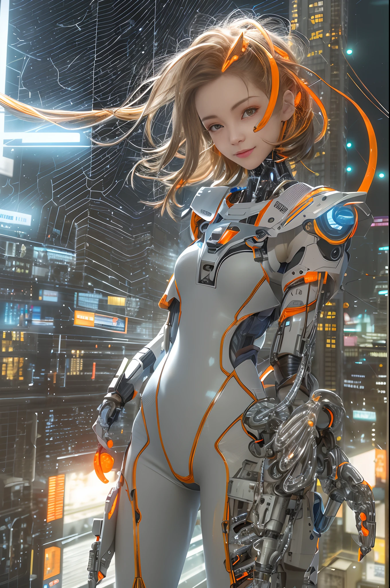 Cybernetic arm and glowing cyber girl,(J Women's Uniform,a sailor suit,White skirt,),Strenuous movements,Add a motion blur effect to simulate motion,Stand on a post-apocalyptic battlefield cityscape.Surrounded by a network of wires. Surrounded by a web of circuits. (Cyber Girl with Orange Glowing Sword:1.3), glossy light brown and orange two-tone color,,,,,,short-hair,disheveled ponytail,Cute smile,Perfect round face,Black eyes,A cheerful smile that makes the viewer happy,Proper body proportion,Intricate details,Very delicate and beautiful hair,photos realistic,Dreamy,Professional Lighting,realistic shadow,Solo Focus,Beautiful hands,Beautiful fingers,Detailed finger features,detailed clothes features,Detailed hair features,detailed facial features,(masutepiece,top-quality,Ultra-high resolution output image,) ,(The 8k quality,),Science fiction fantasy