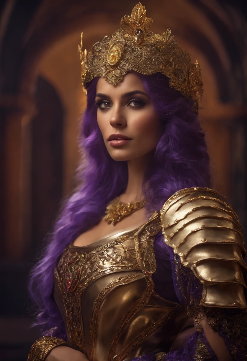 Chica bonita, rubia, blanca, con armadura con falda violeta, tocarse los senos