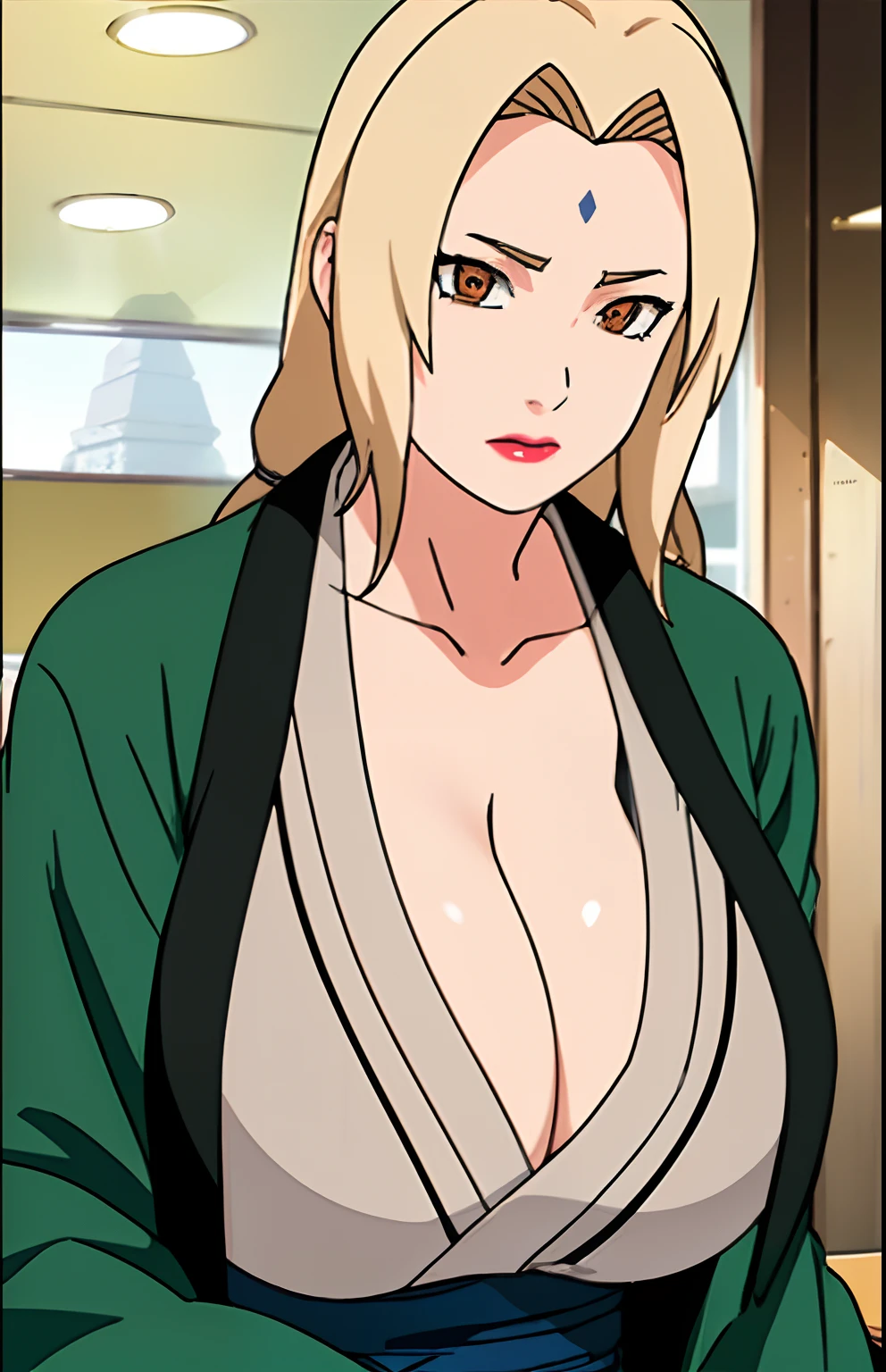 (huge tits), (), (), white kimono, fullbody, cleavage, good anatomy, masterpiece, best quality, 4k, 8k, professional photography, soft light, sharp focus, 1 girl, blonde hair, at classroom, blonde hair, parted banks, detailed face+brown eyes, open lips, lipstick, close up view, (mountain), (lake)