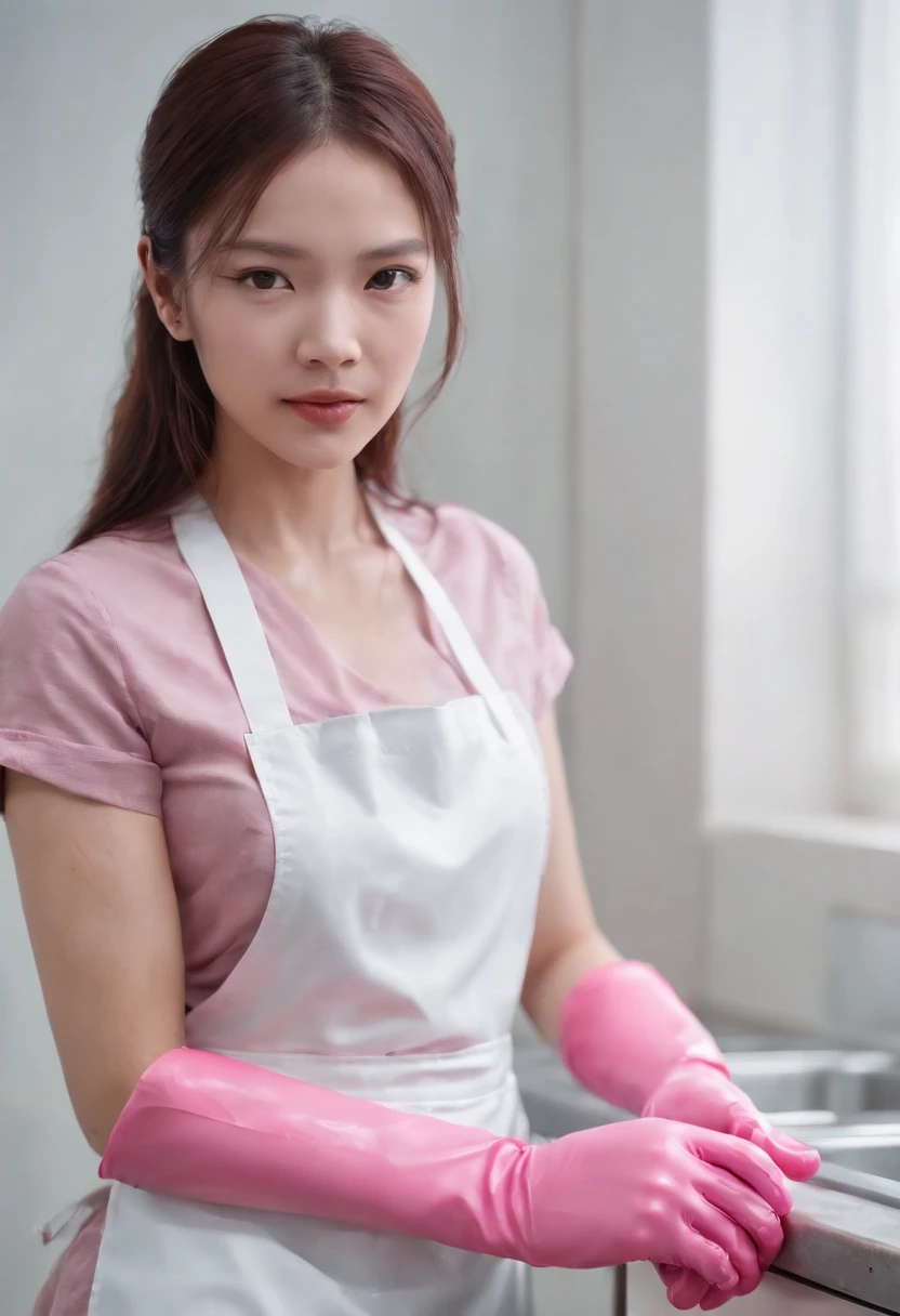 Meilin from Advanced Metal Gear Research Institute. Highly realistic. rubber glove、Pink rubber gloves、Pink cooking gloves、Long gloves、Glossy gloves、Glossy apron、Getting wet with white liquid