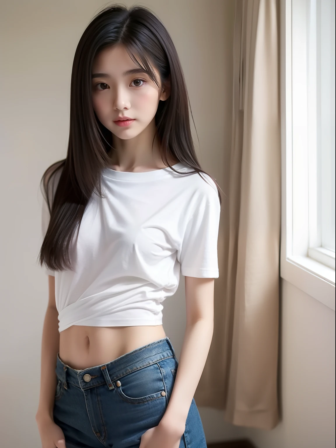 Cute girl, , white blouse, black mini skirt, cute panties, front, from belo