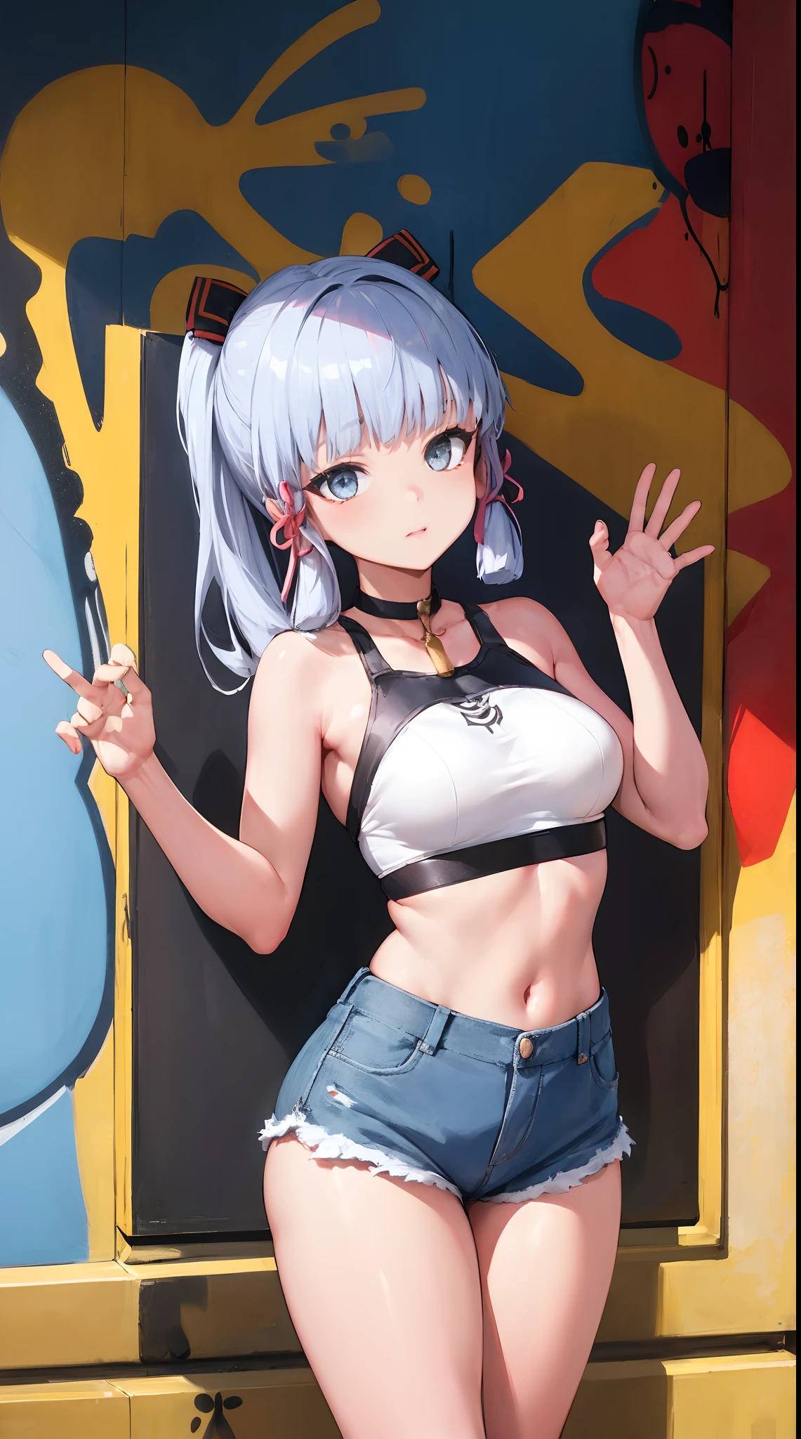 kamisato ayaka|genshin impact, master-piece, bestquality, 1girls,25 years old, proportional body, elongated legs, Beautiful, proportional., crop top, Long Jeans, mediuml breasts, ,bara, crop top, choker, (Graffiti:1.5), Splash with purple lightning pattern., arm behind back, against wall, View viewers from the front., Thigh strap, Head tilt, bored,(NSTDA.:1.2), (10, beste-Qualit, master-piece: 1.4), Beautiful red hair, ultra-high resolution, (lifelike, photorealistic portrait: 1.48), 20 age, Cute Girl, (Looking Through Crop Tops.), Famous Japanese actors, beautiful clear eyes, Head tilt, cowboy shot, from the front, looking at the audience, expressionless, Beautiful lake, Zeiss 150mm F/ 2.8 Hasselblad, Whole body, foot, Ultra-Wide Angle,