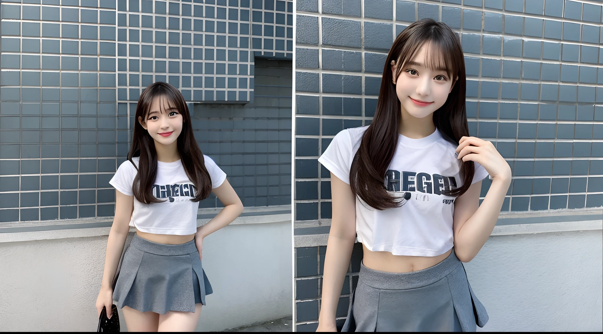 18-year-old cheergirl in a gray miniskirt