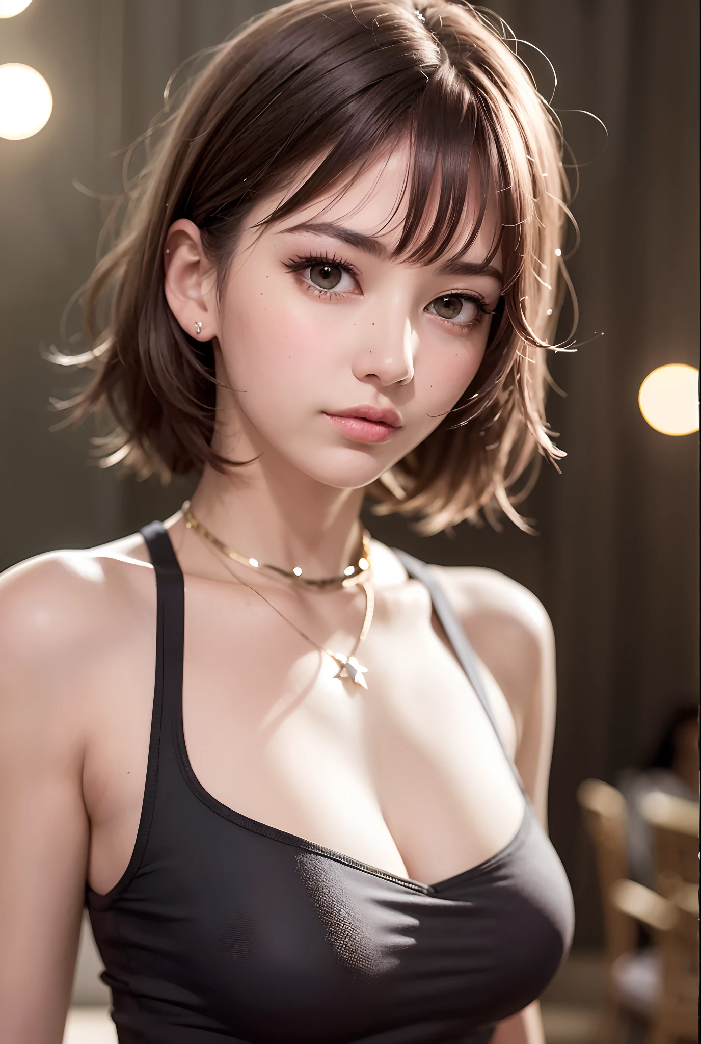 ((Best quality, 8k, Masterpiece, Sharp focus, 35mm lens, f/0.8, amazing beautiful perfect figure :1.4)), under lighting, ((natural medium breasts )), (white tank top:1.2), (market background:1.2),necklace, Highly detailed face and skin texture:1.2, Detailed black eyes:1.2, super detailed skin, shiny skin:1.2, Grinning , beautiful detailed makeup:1.2, high-fidelity bangs, light brown medium cut random hairstyle, from below, looking at viewer, inverted triangle face