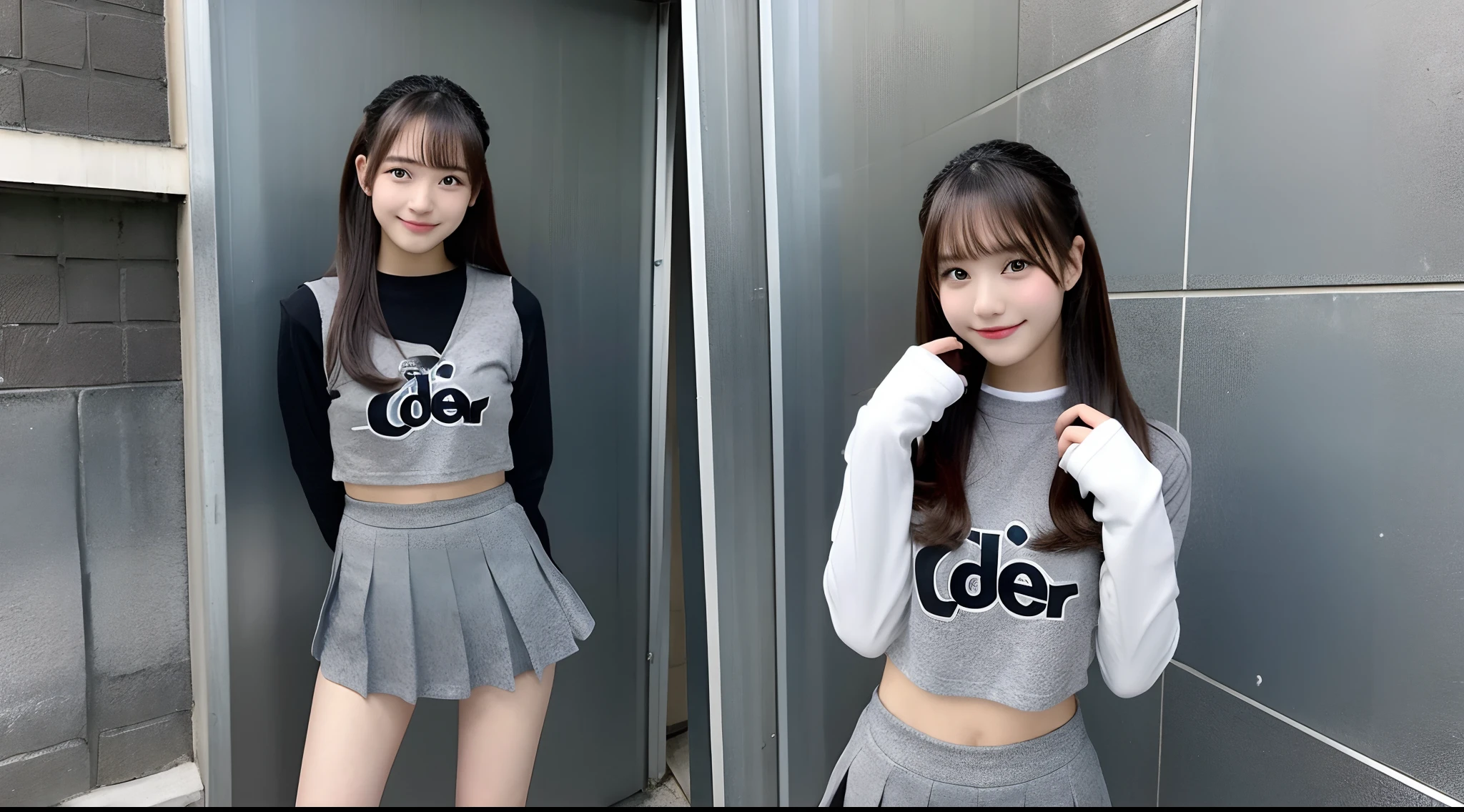 18-year-old cheergirl in a gray miniskirt