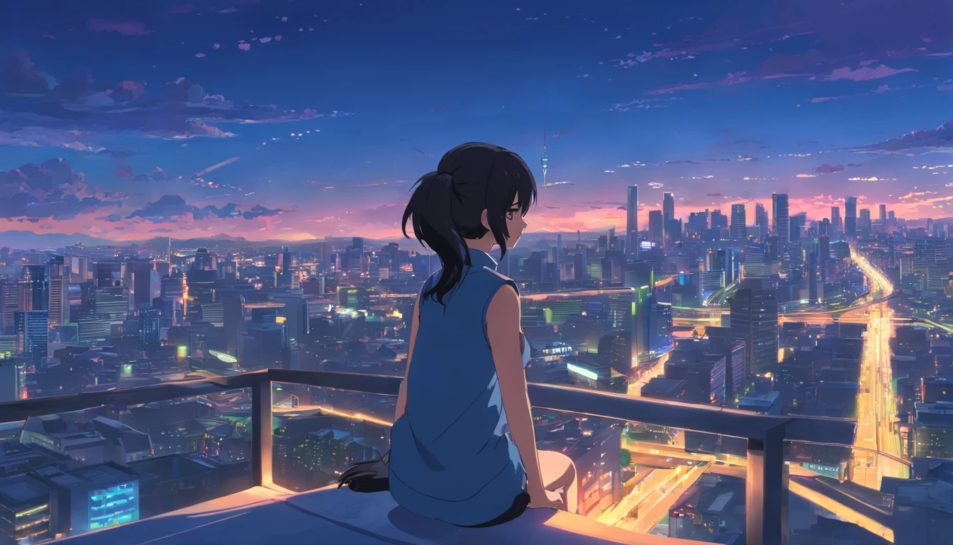 natta，Black color hair，pony tails，Beth，view over city，sad