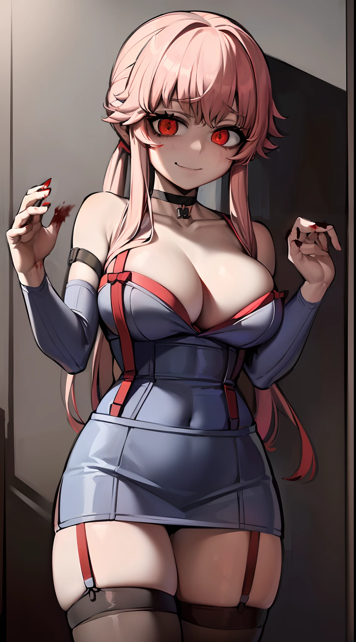 ((masterpiece, best quality)), (1girl), (solo), (female focus), (yuno gasai:1.5), long hair, (red eyes:1.5), pink hair, smile, low twintails, red eyes, 1girl, (large breasts:1.5), solo focus, (black choker:1.5), (Open chest sweater:1.5), black thigh high socks, grey mini skirt, crazy smile, (blood splatter:1.5), (yandere:1.5), in a old room, (psycho:1.5), (stocking suspenders:1.5), (POV, form below:1.5), (perfect hands:1.5), (she kills you:1.5), (evil eyes:1.7), (old room:1.5), (she holding you up against the wall:1.6)