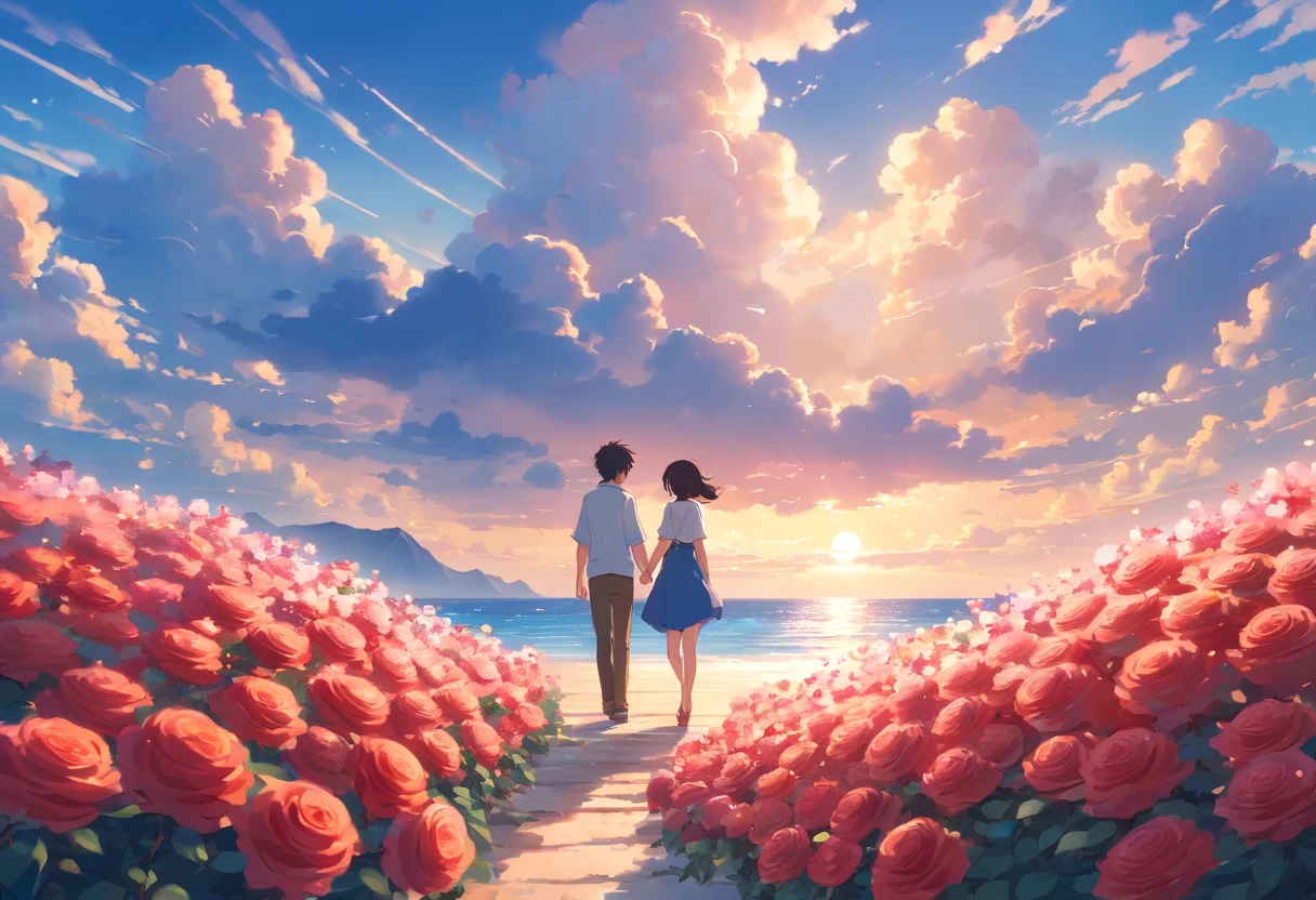 In a romantic atmosphere，couple cuddling，Stroll through the Sea of Roses，Under the blue sky and white clouds，Feel the romantic theme of Valentine's Day。