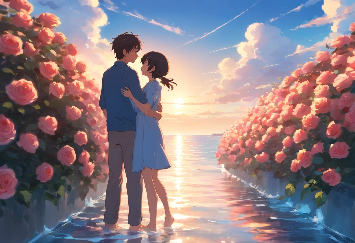 In a romantic atmosphere,couple cuddling,Stroll through the Sea of Roses,Under the blue sky and white clouds,Feel the romantic theme of Valentine's Day。