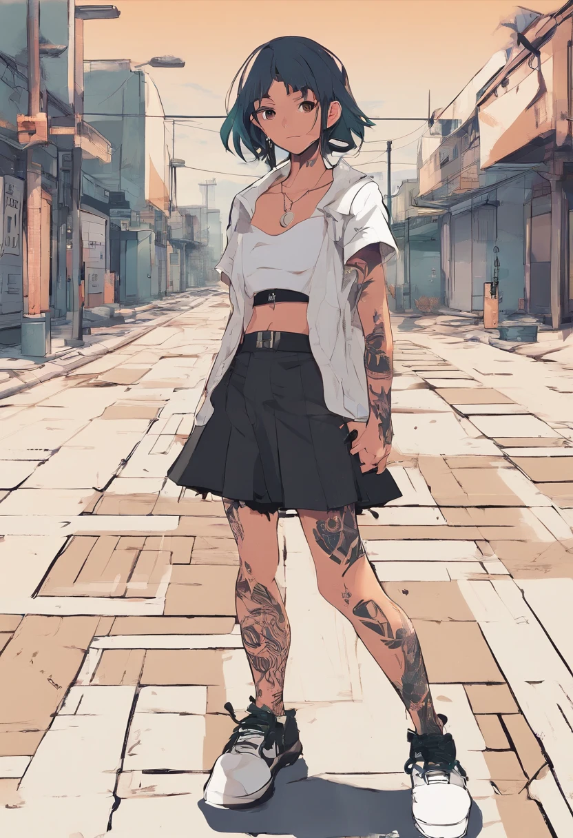 Anime illustration of a young supermodel with a toned physique, In a spicy punk crop top, Low Rise Pants, Messy Short Hair, Demonstration of various intricate tattoos, confidently standing in the middle of an abandoned street in Chiba. . Anime style, Key Visual, Vibrants, Studio anime, Highly detailed